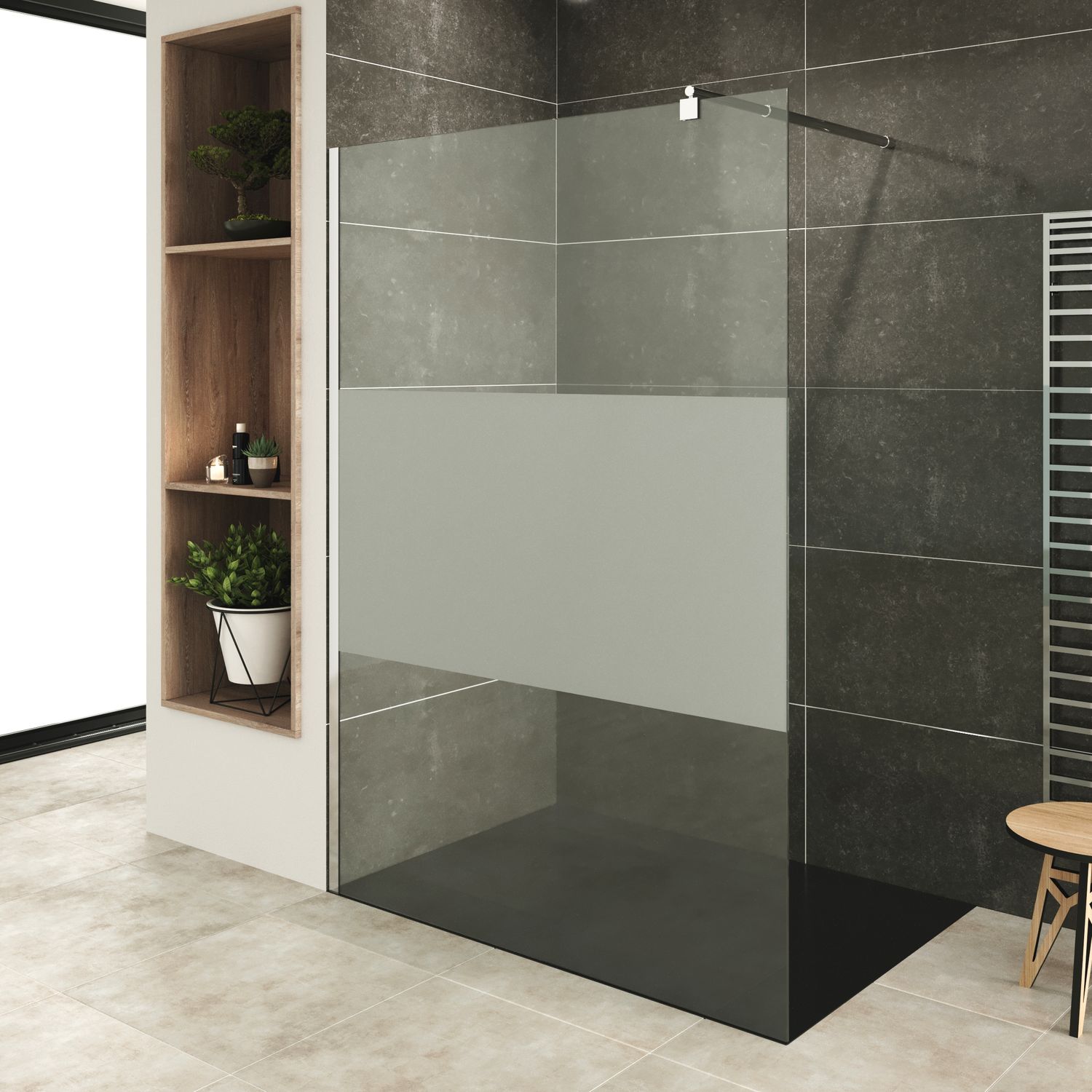 Walk-In Shower Fiona made of 10 mm thick partially frosted ESG safety glass and stainless steel profile.