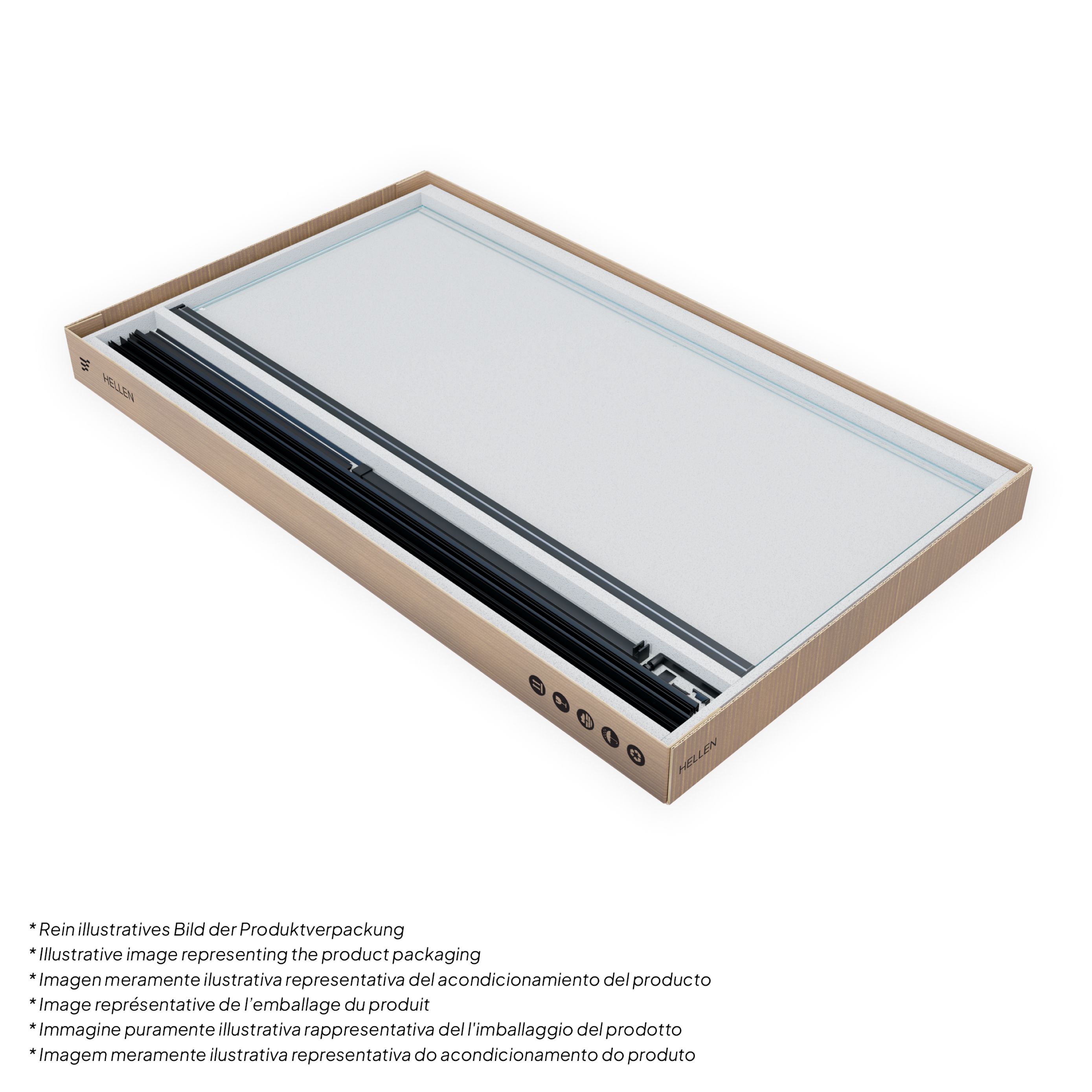 Front-entry Hellen with folding door and black profiles made of ESG safety glass.