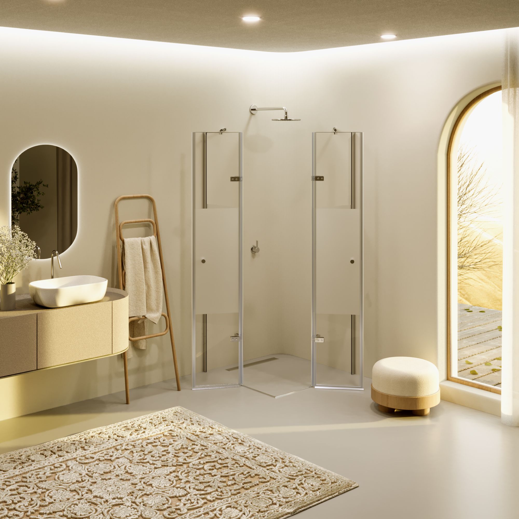 Corner Entry Alice with Folding Doors made of Partially Frosted ESG Safety Glass