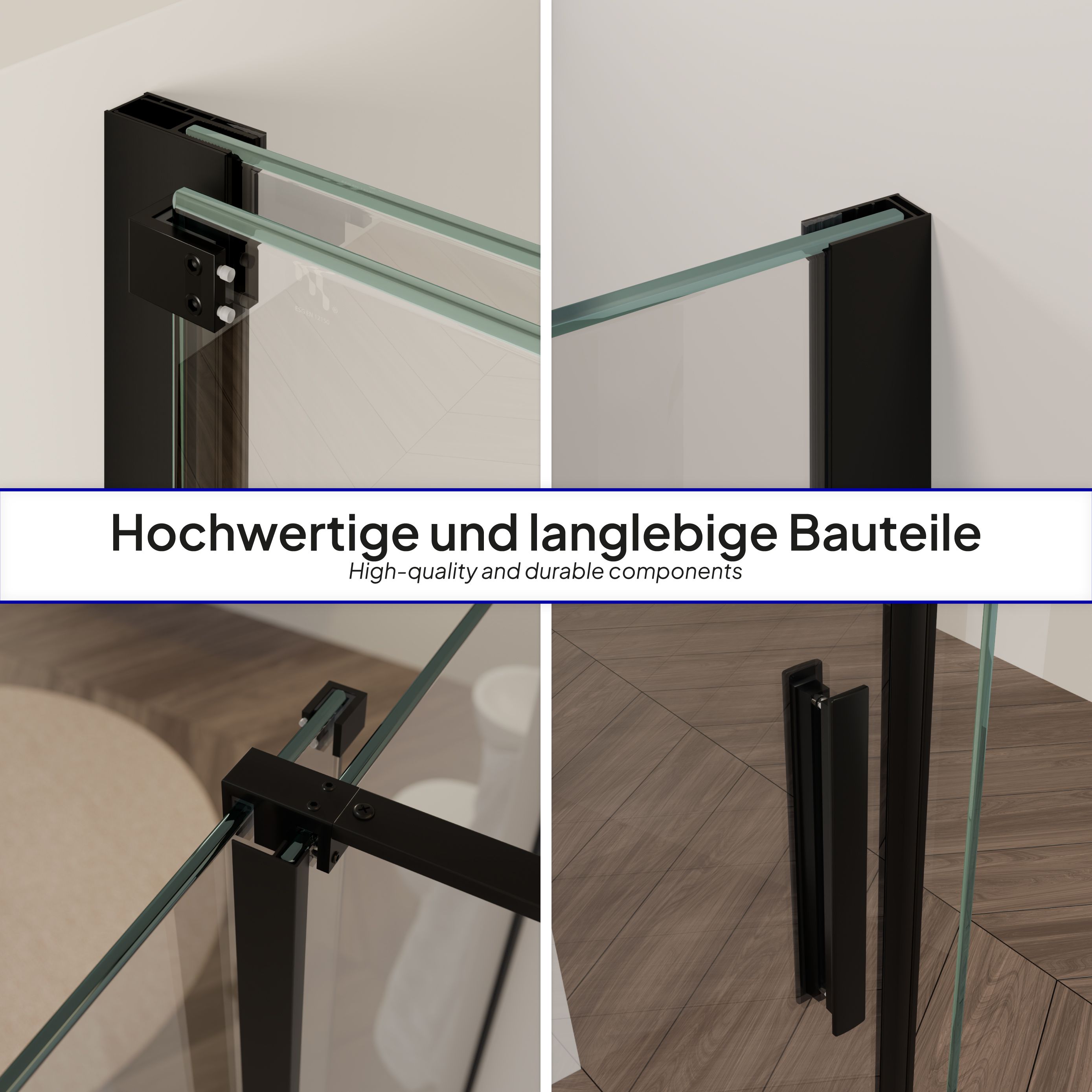 Front-entry NADINE with sliding door in black made of 8mm tempered clear glass.