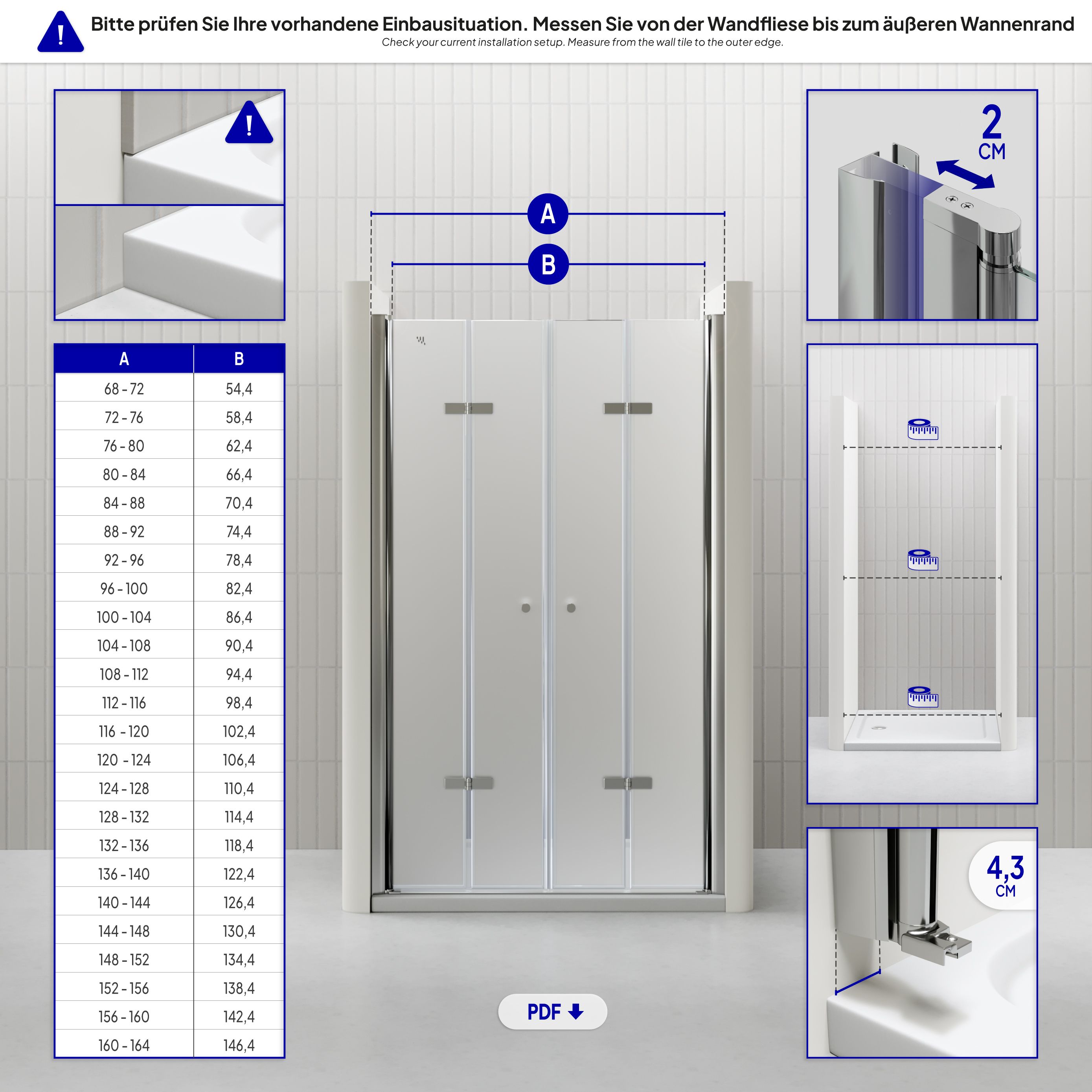 Shower Door Lena with Folding Panels Made of Satin-Finished ESG Safety Glass
