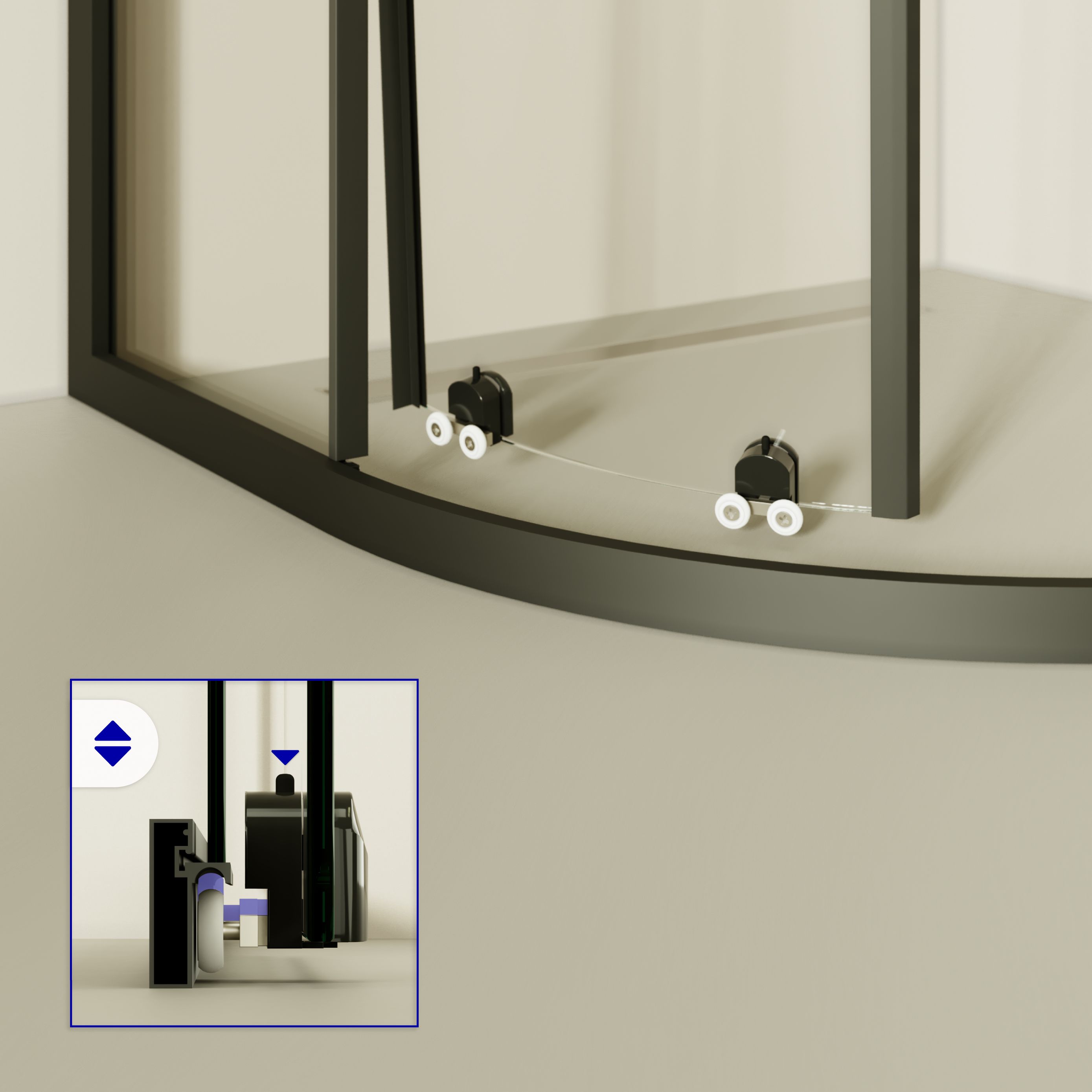 Quarter Circle Shower Ella with Sliding Doors made of Striped ESG Glass and Black Aluminum Profiles