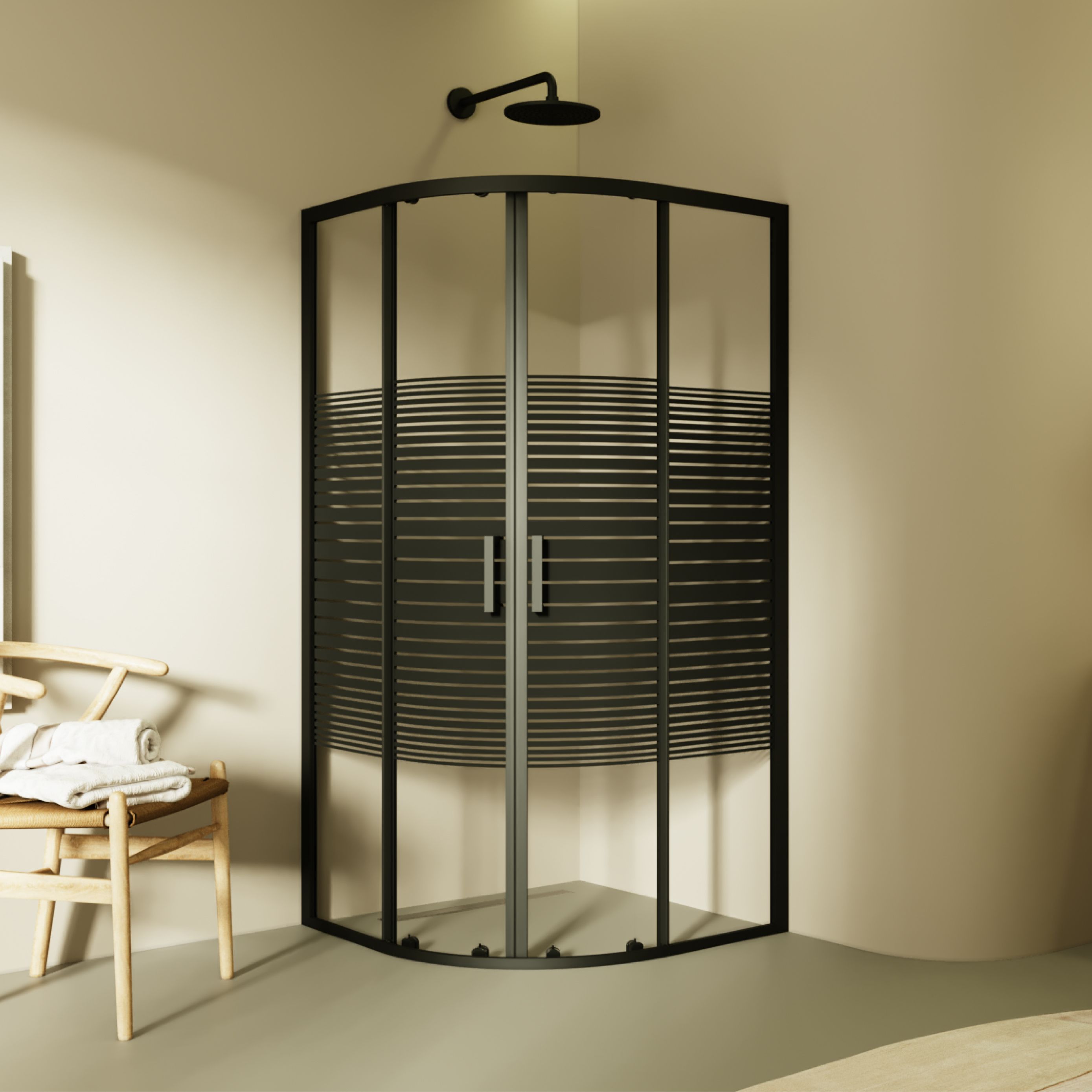 Quarter Circle Shower Ella with Sliding Doors made of Striped ESG Glass and Black Aluminum Profiles