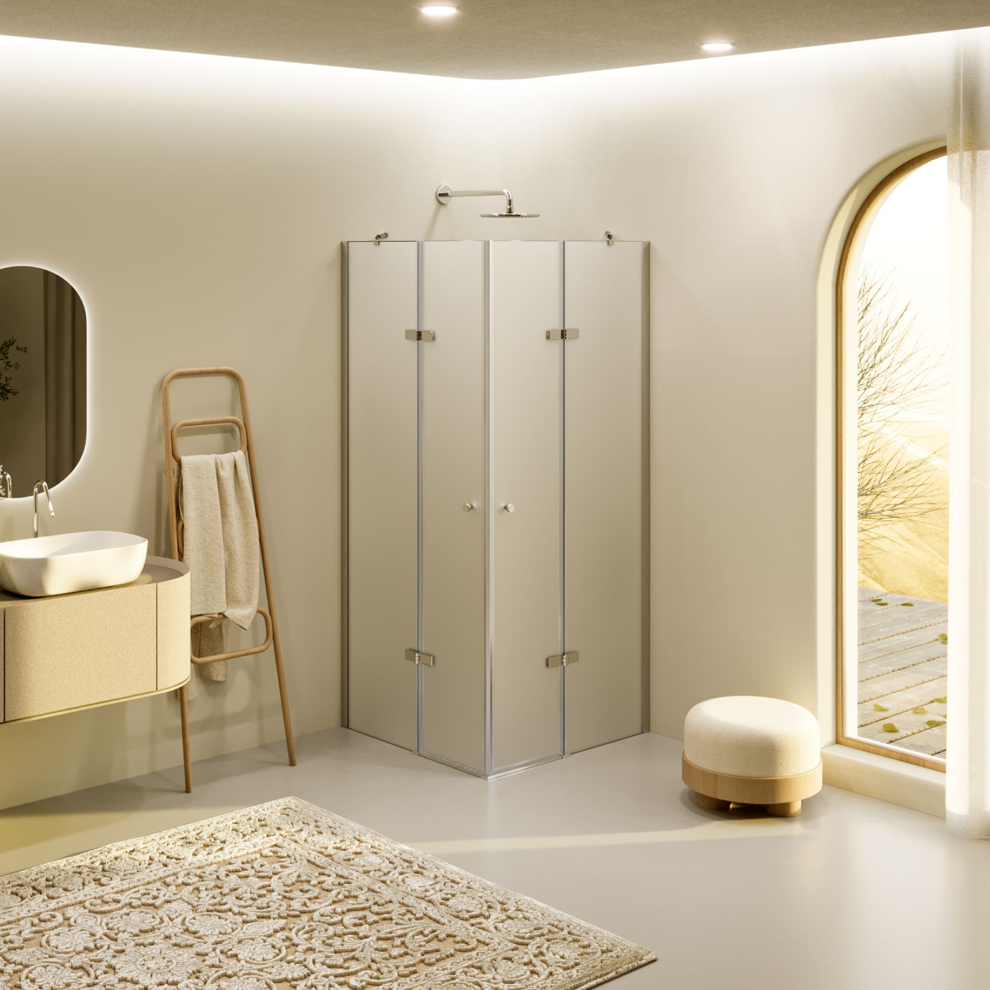 Corner Entry Alice with Folding Doors Made of Satinated ESG Safety Glass