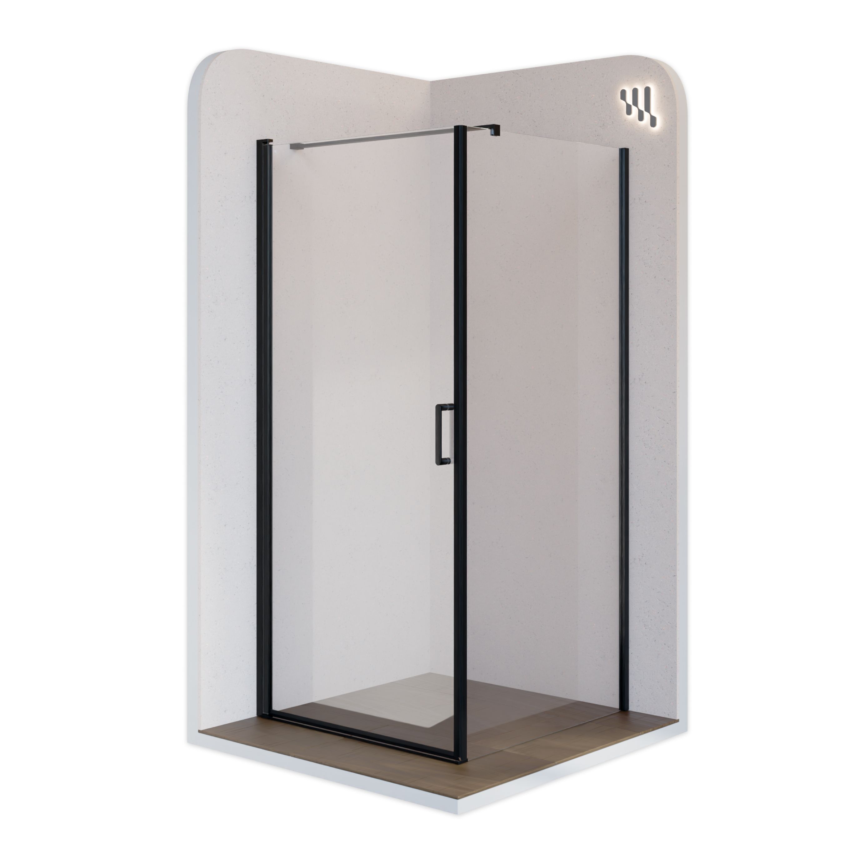 Front-entry Hellen with folding door and black profiles made of ESG safety glass.