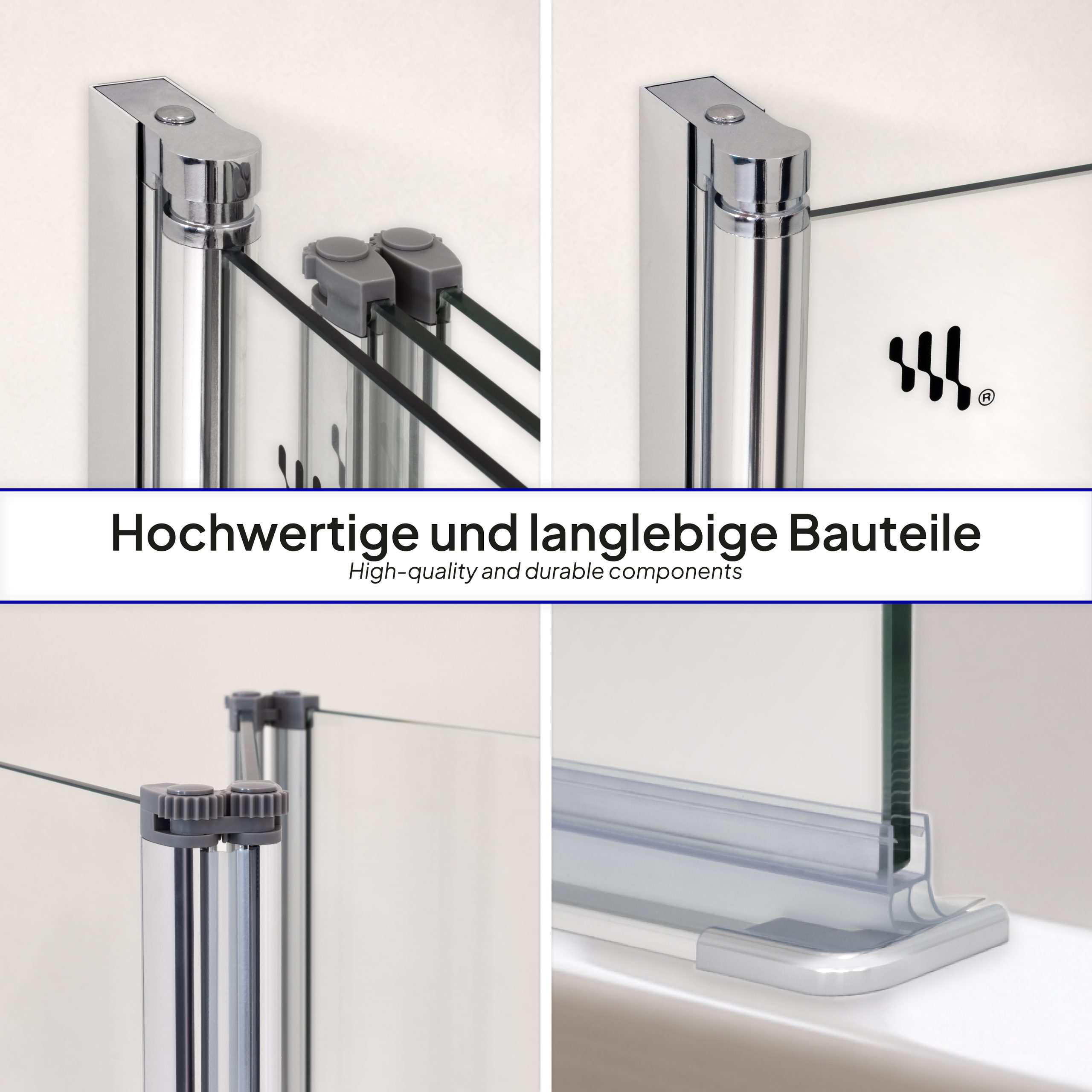 Badewannenabtrennung Petra, 3-teilig faltbar und pendelbar mit 6 mm ESG Klarglas und verchromten Profilen