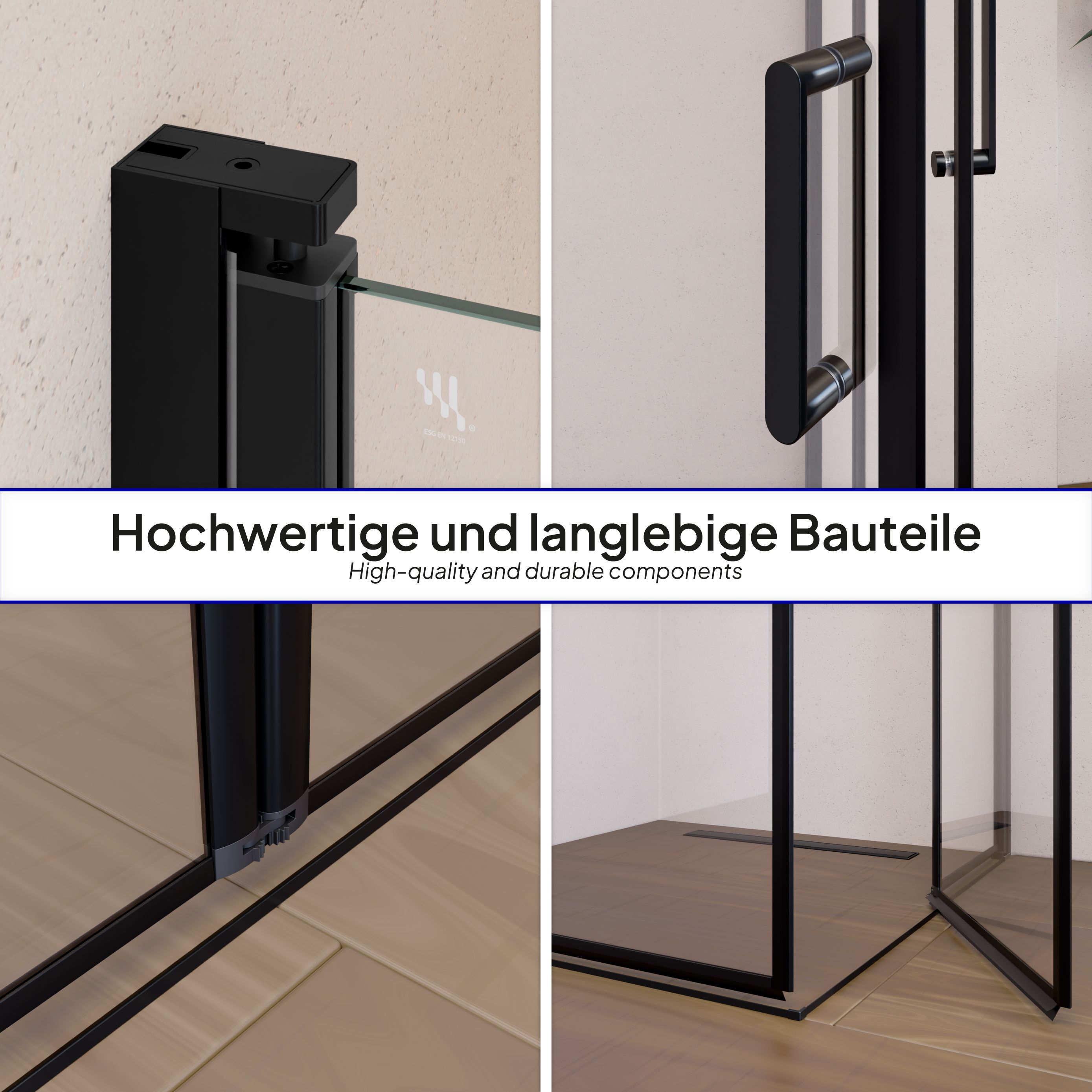 Corner entry Alina with folding doors and black profiles made of ESG safety glass.