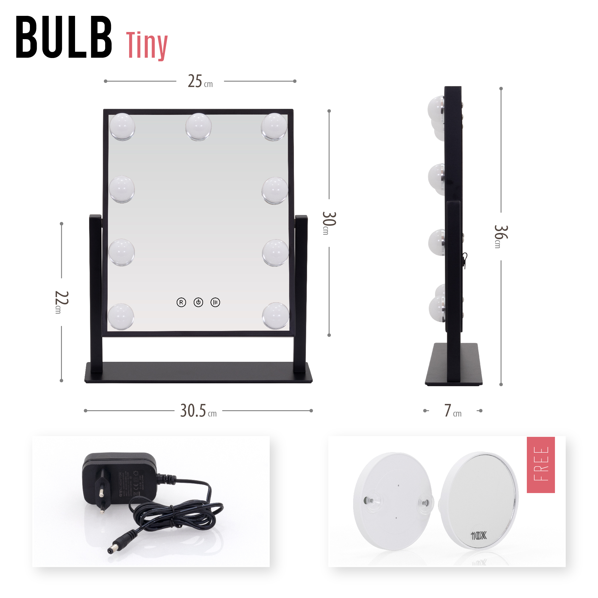 Schminkspiegel Bulb TINY mit 9 dimmbaren LED-Lampen Schwarz