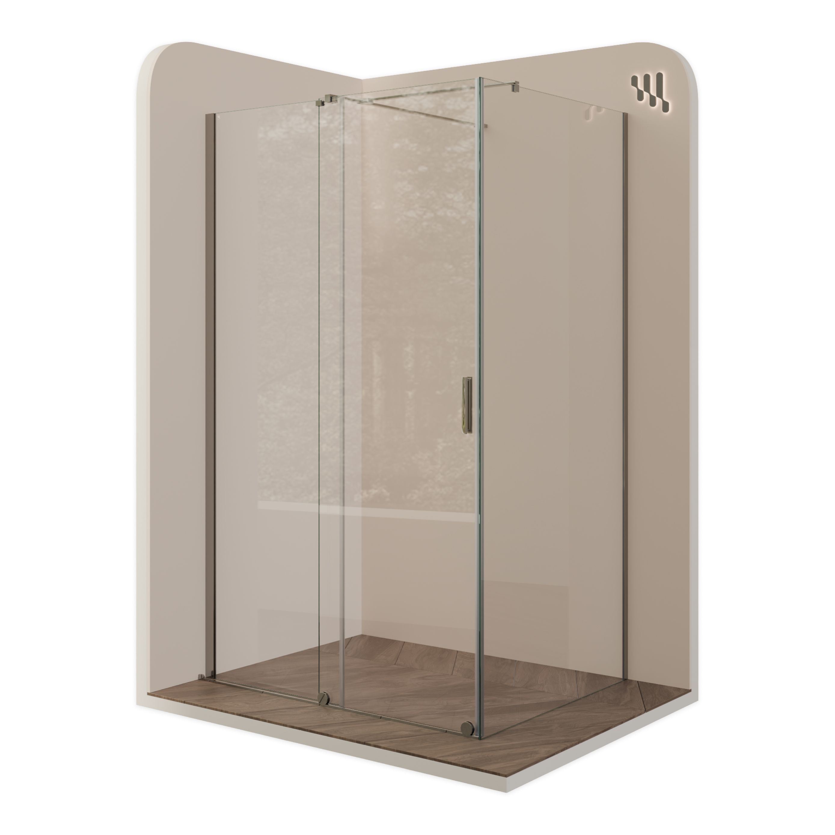Front-entry NADINE with sliding door in chrome made of 8mm tempered clear glass.