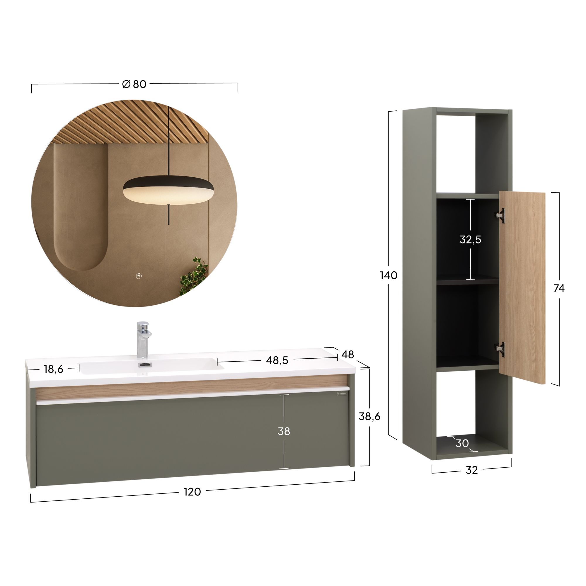 Badezimmermöbel Nereia – 100 cm Unterschrank Eiche hell + LED-Rundspiegel