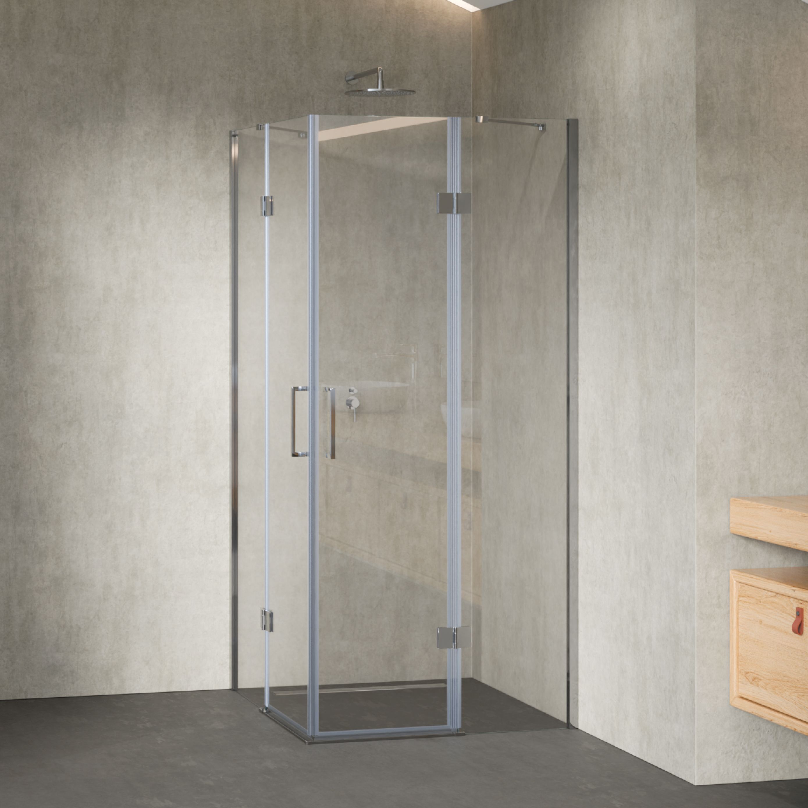 Corner Entry Celine with Folding Doors Made of ESG Safety Glass
