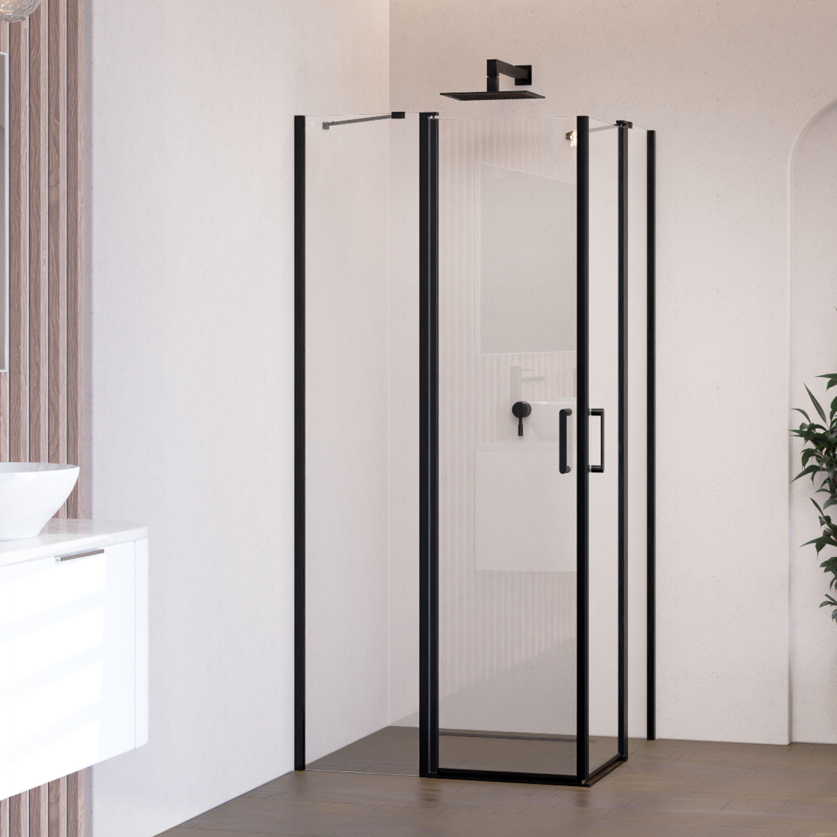 Corner Entry Linda with Folding Doors and Black Profiles Made of ESG Safety Glass