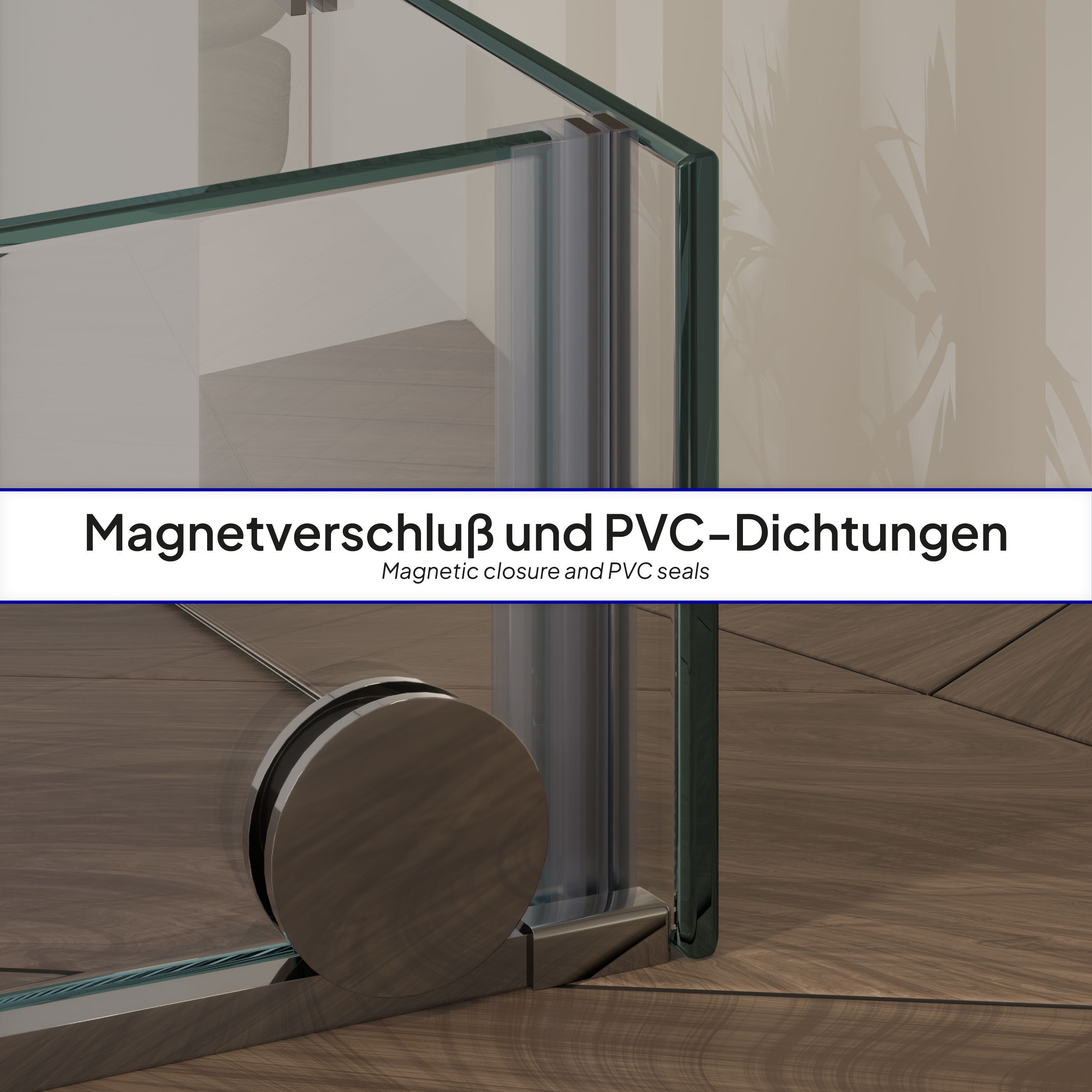 Front-entry NADINE with sliding door in chrome made of 8mm tempered clear glass.