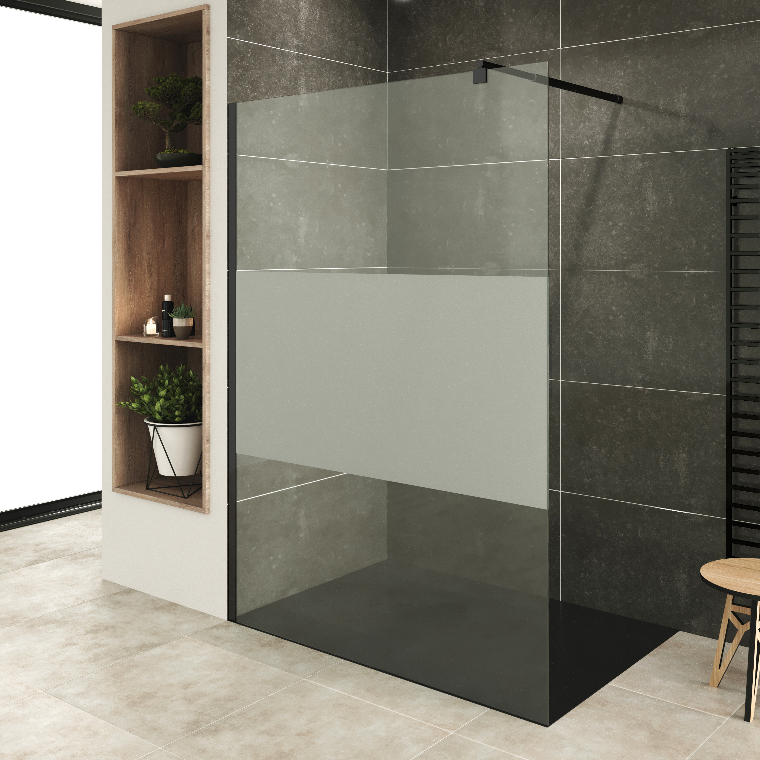 Walk-In Shower Fiona made of 10 mm thick partially frosted ESG safety glass and black aluminum profile.
