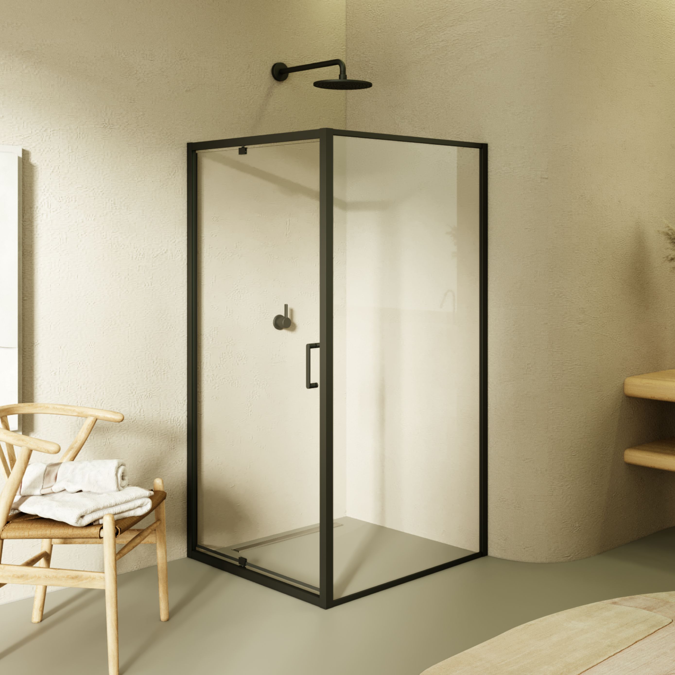 Front-entry Isadora with folding door and black profiles made of ESG safety glass.
