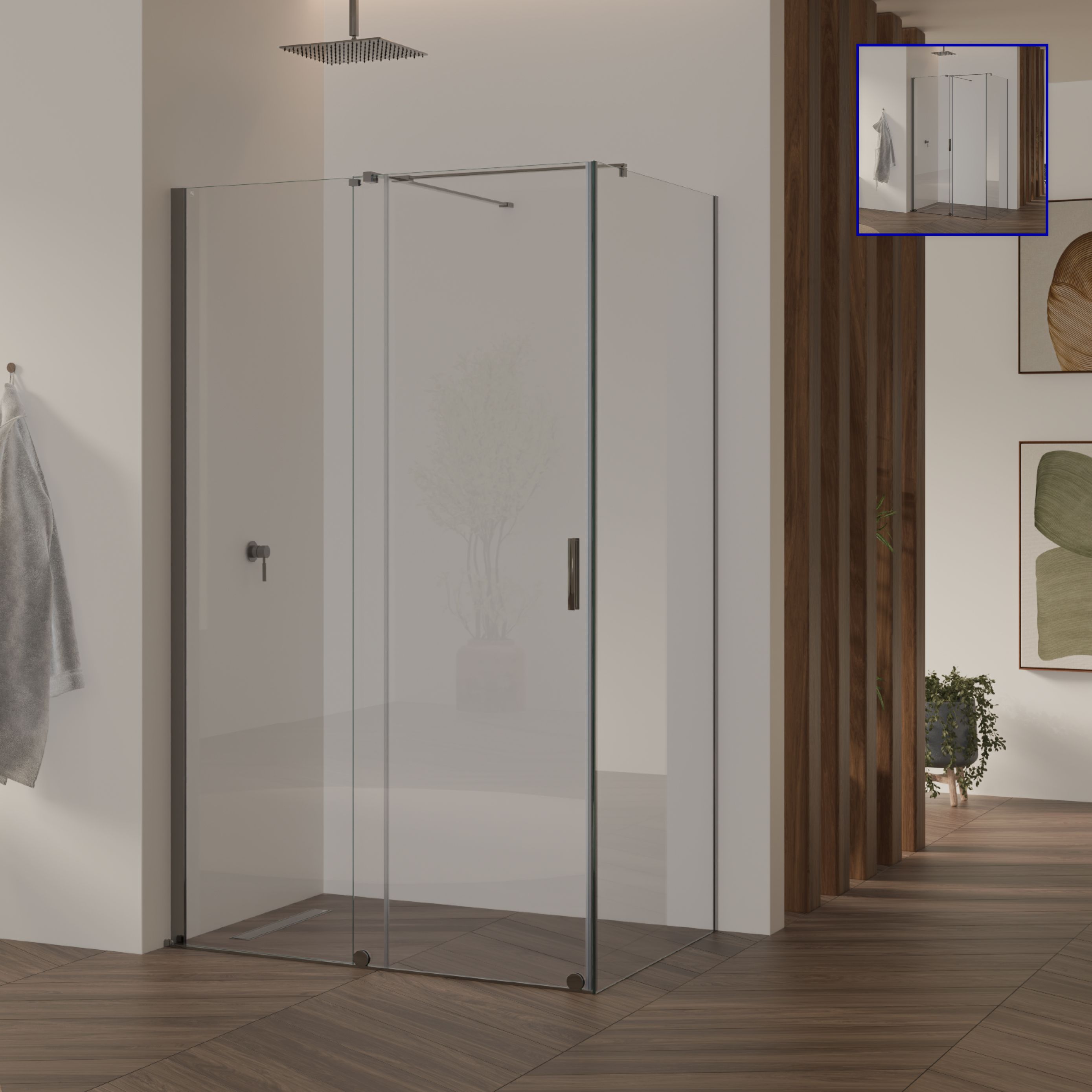 Front-entry NADINE with sliding door in chrome made of 8mm tempered clear glass.