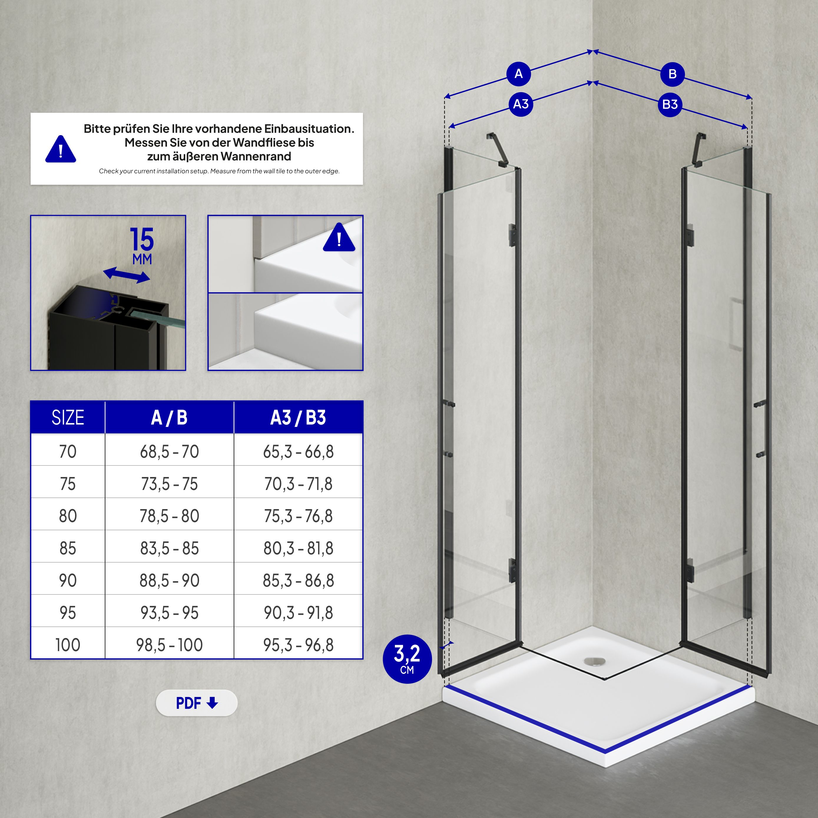 Corner entry Celine with folding doors and black profiles made of ESG safety glass.