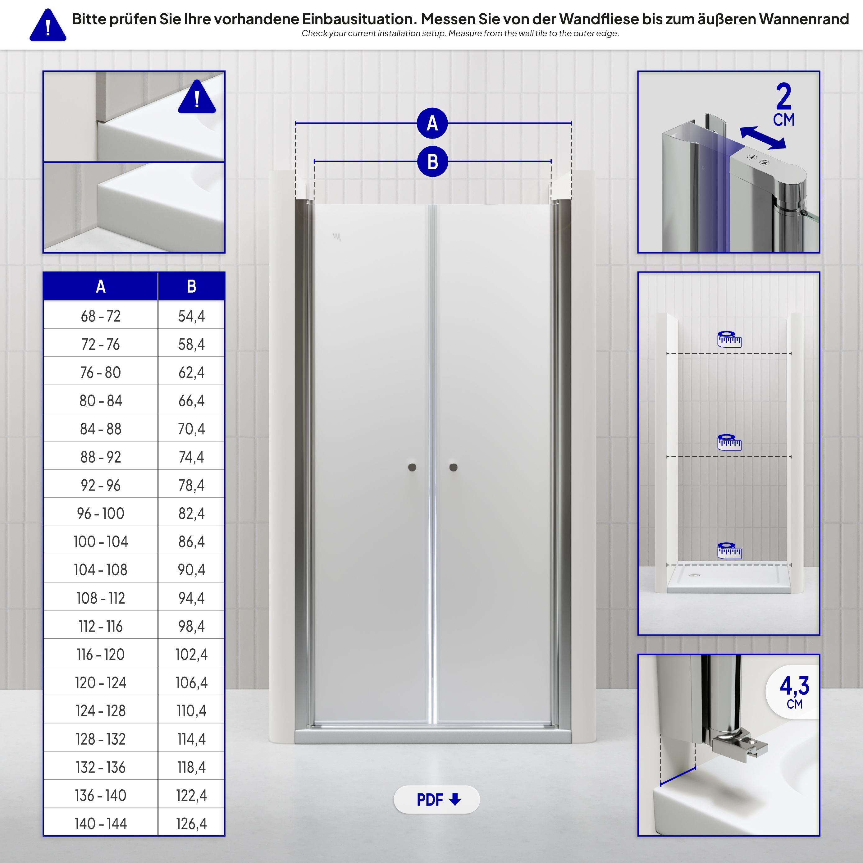 Shower Door Lima with Hinged Doors 68-140 cm made of Frosted ESG Safety Glass