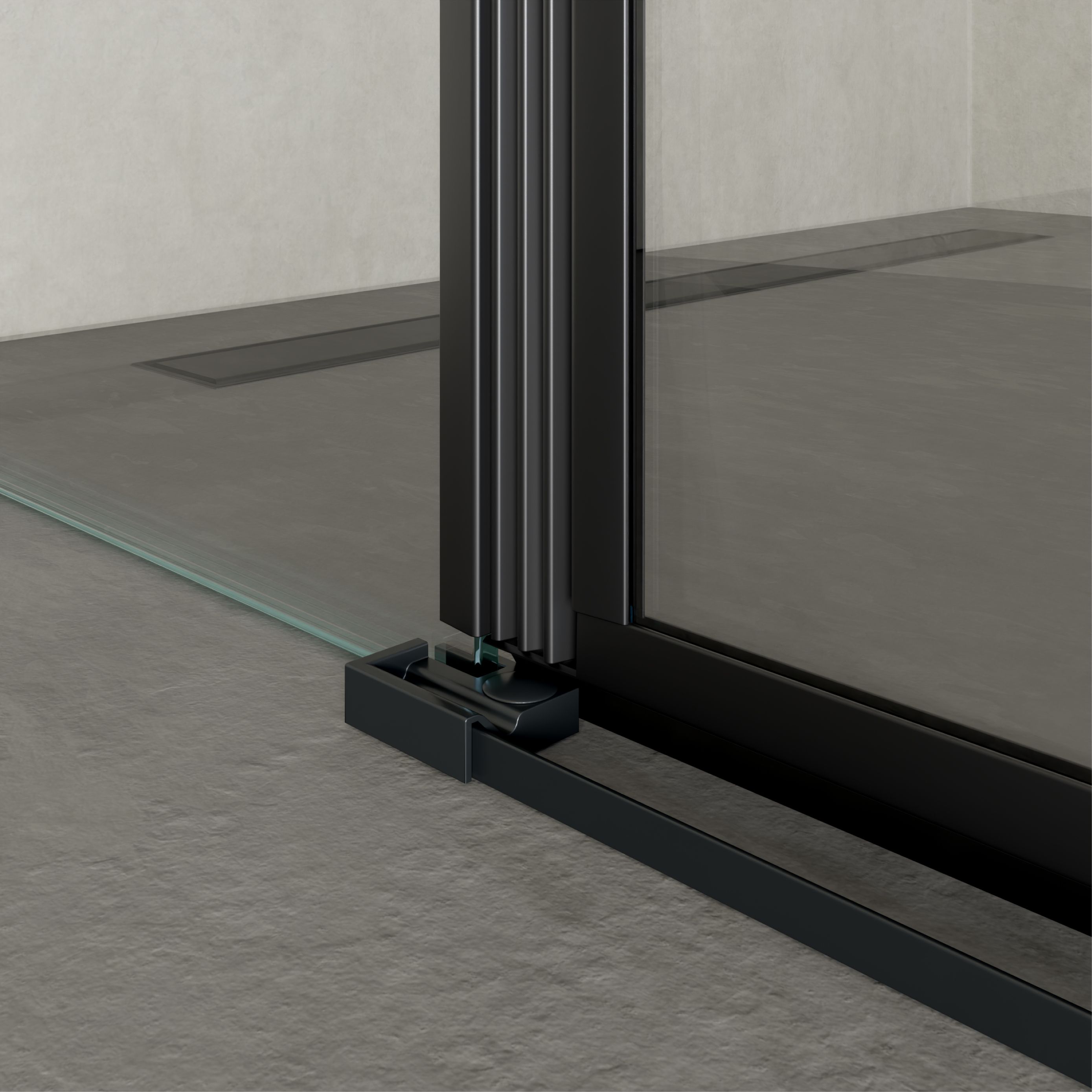 Corner entry Celine with folding doors and black profiles made of ESG safety glass.