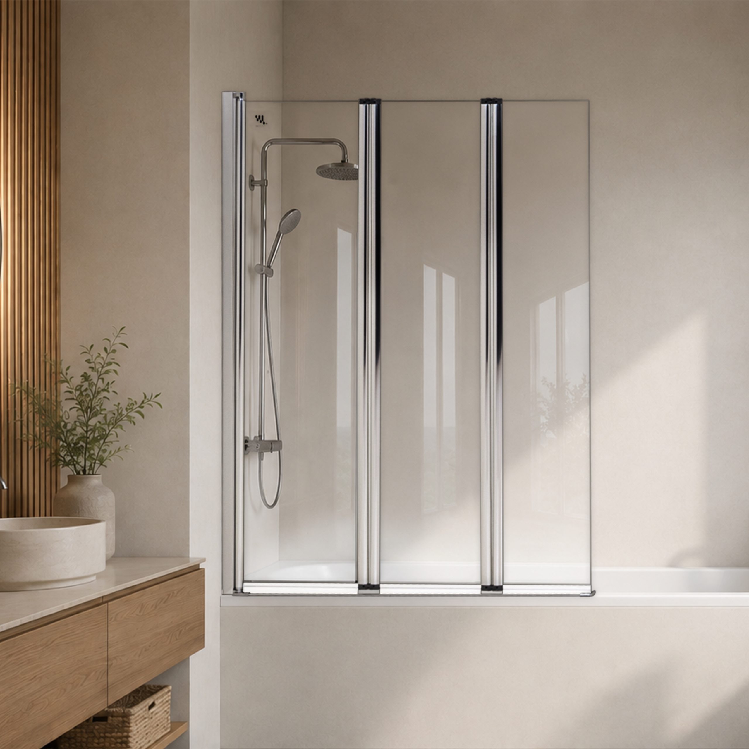 Badewannenabtrennung Petra, 3-teilig faltbar und pendelbar mit 6 mm ESG Klarglas und verchromten Profilen