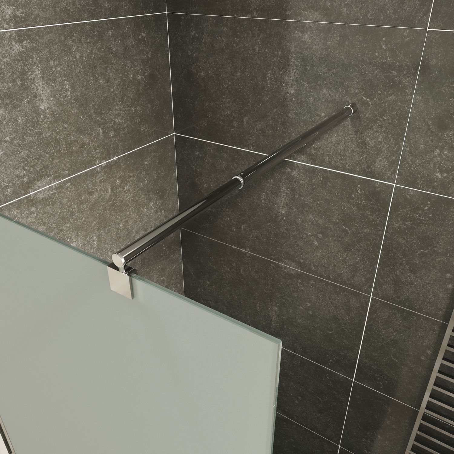 Walk-In Shower Fiona made of 10 mm thick frosted ESG safety glass and stainless steel profile.
