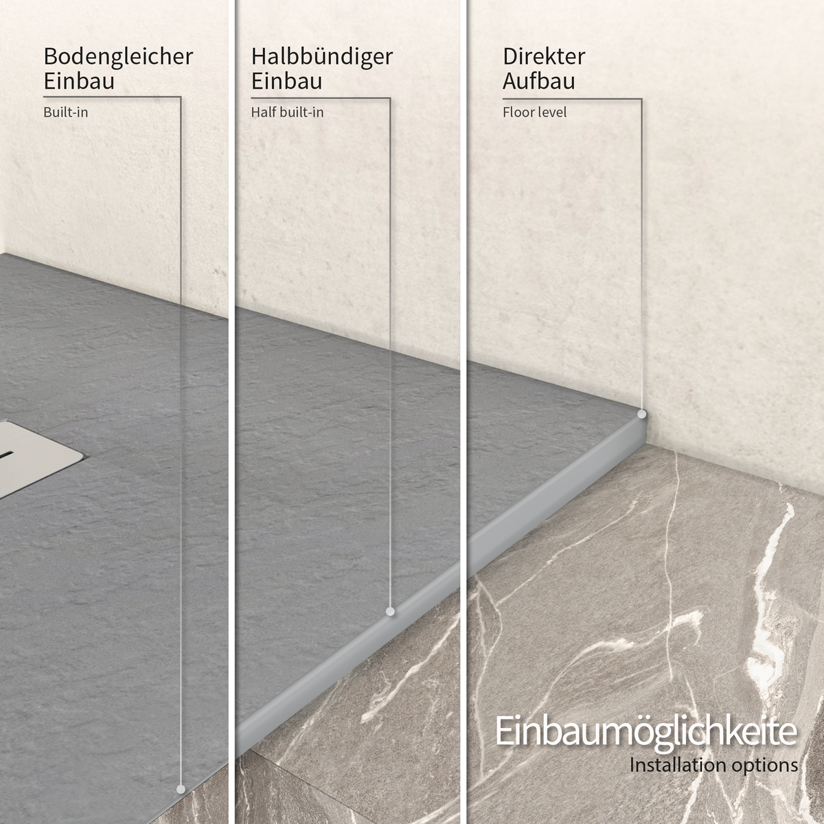 SMC Shower Tray Lumia in Slate Finish with Gray Drain Assembly