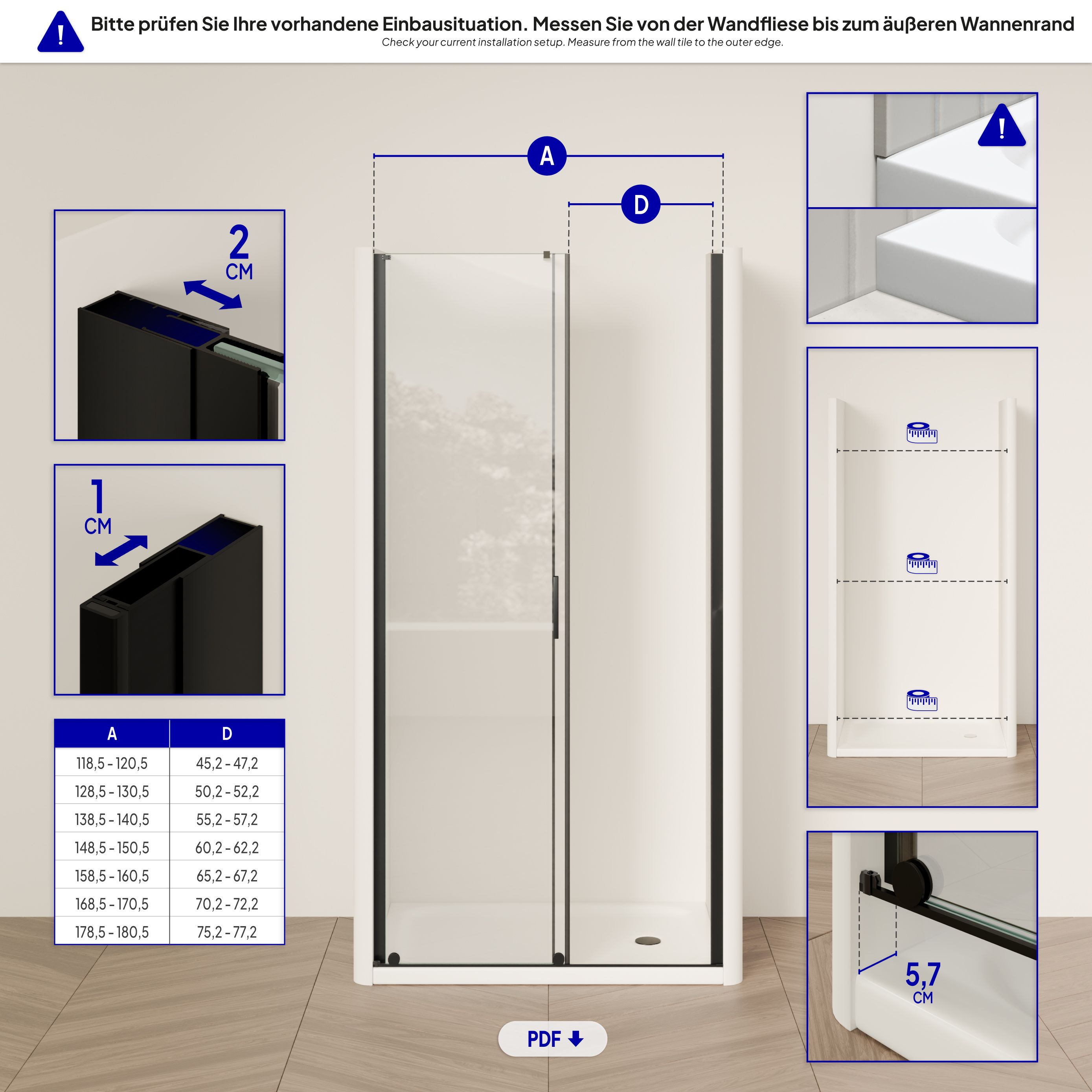 Shower Door Niche Door NADINE with Sliding Door in Black made of 8mm Tempered Clear Glass