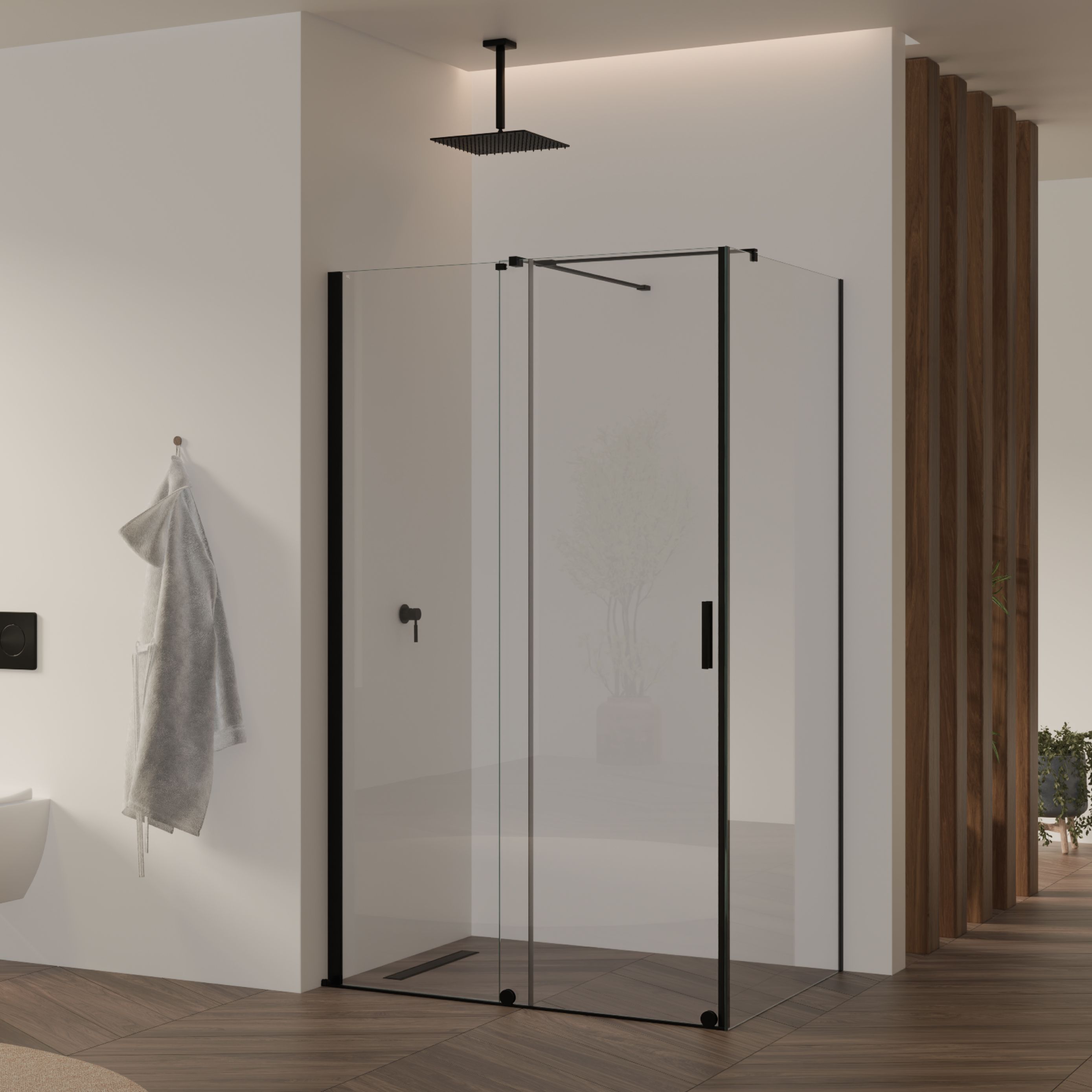 Front-entry NADINE with sliding door in black made of 8mm tempered clear glass.