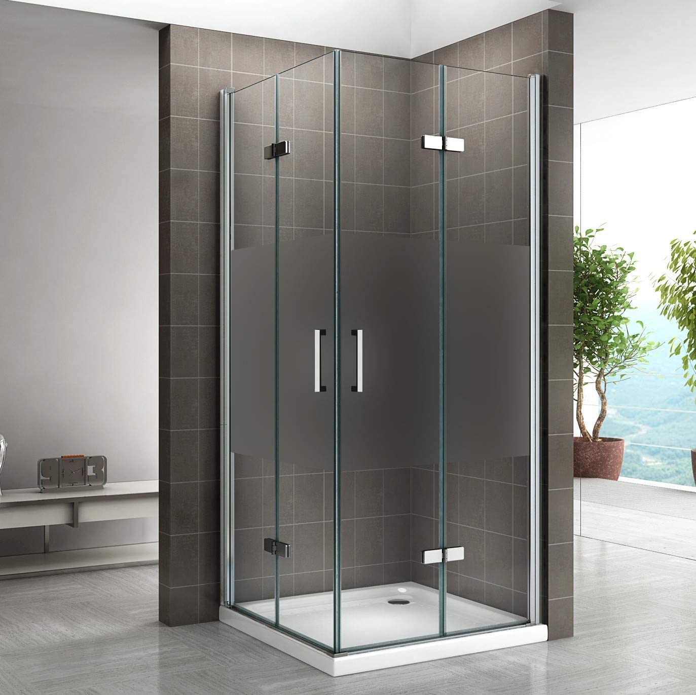 Corner entry Matilde with folding doors made of partially frosted ESG safety glass.