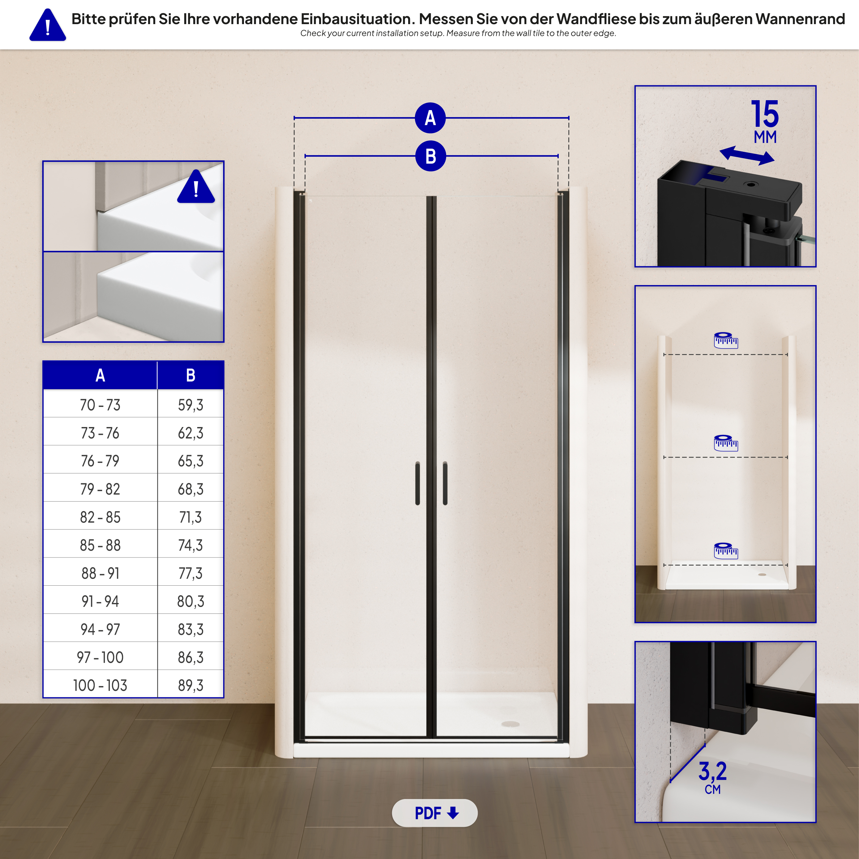 Shower Door Stella Black with Hinged Doors and Black Profiles Made of ESG Safety Glass
