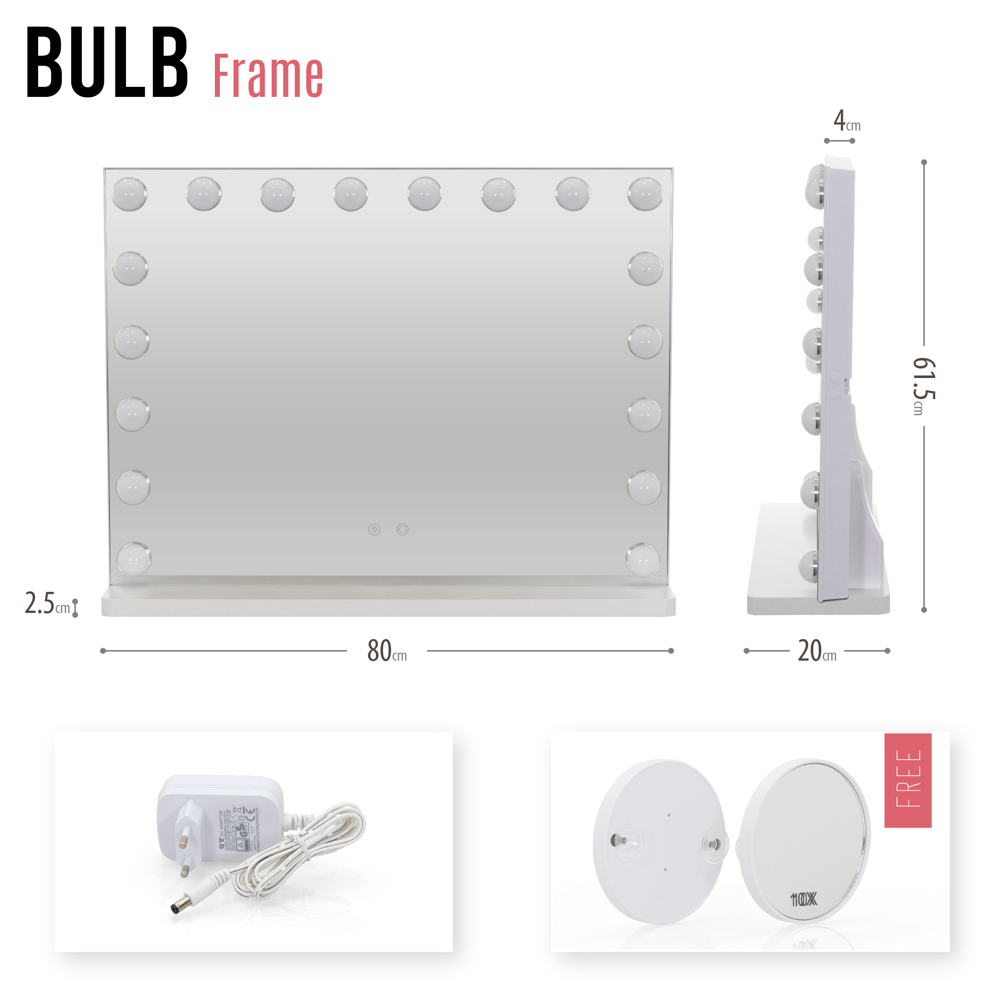 Schminkspiegel Bulb FRAME mit 18  dimmbaren LED-Lampen Weiß