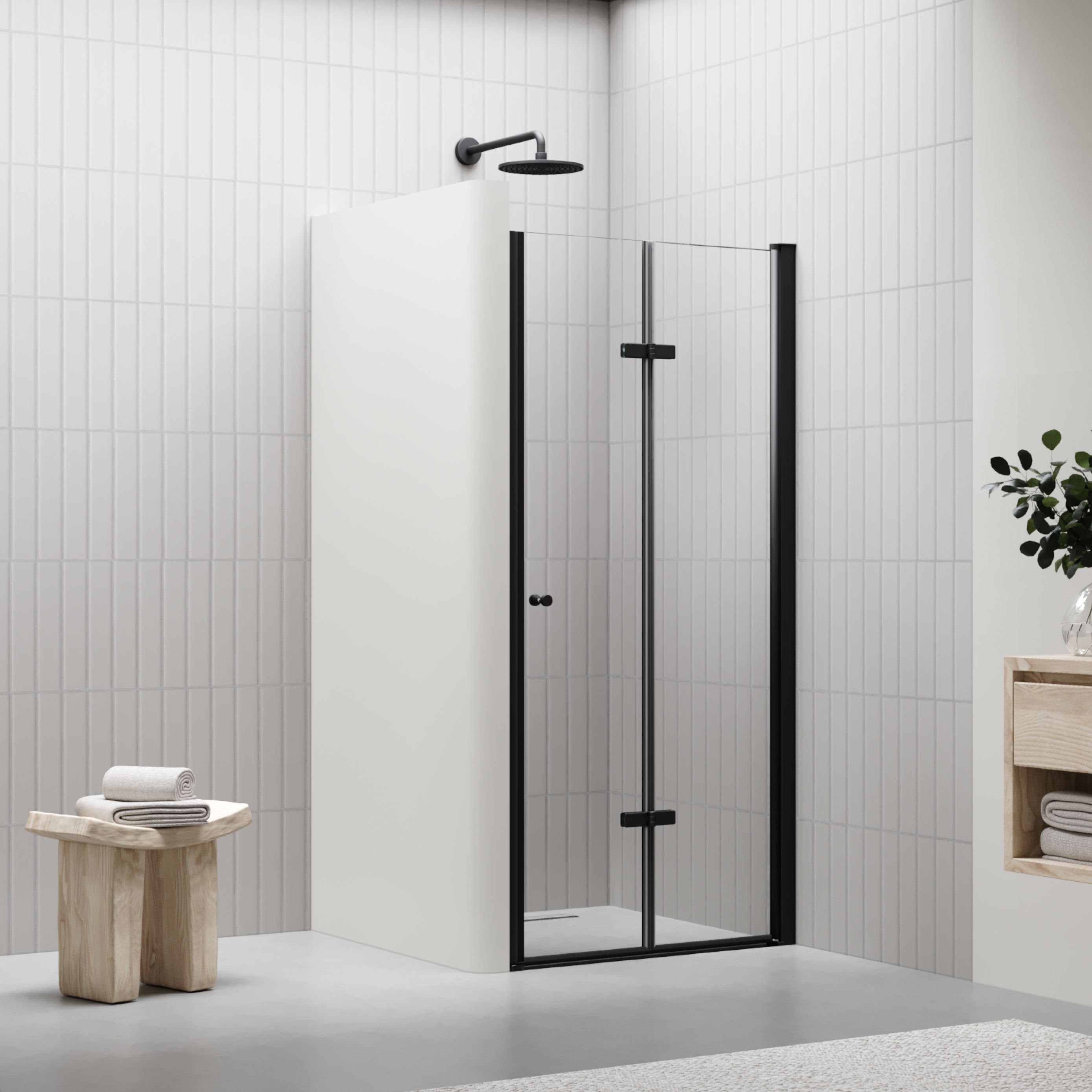 Shower Door Mila with Folding Door made of Clear ESG Safety Glass BLACK EDITION