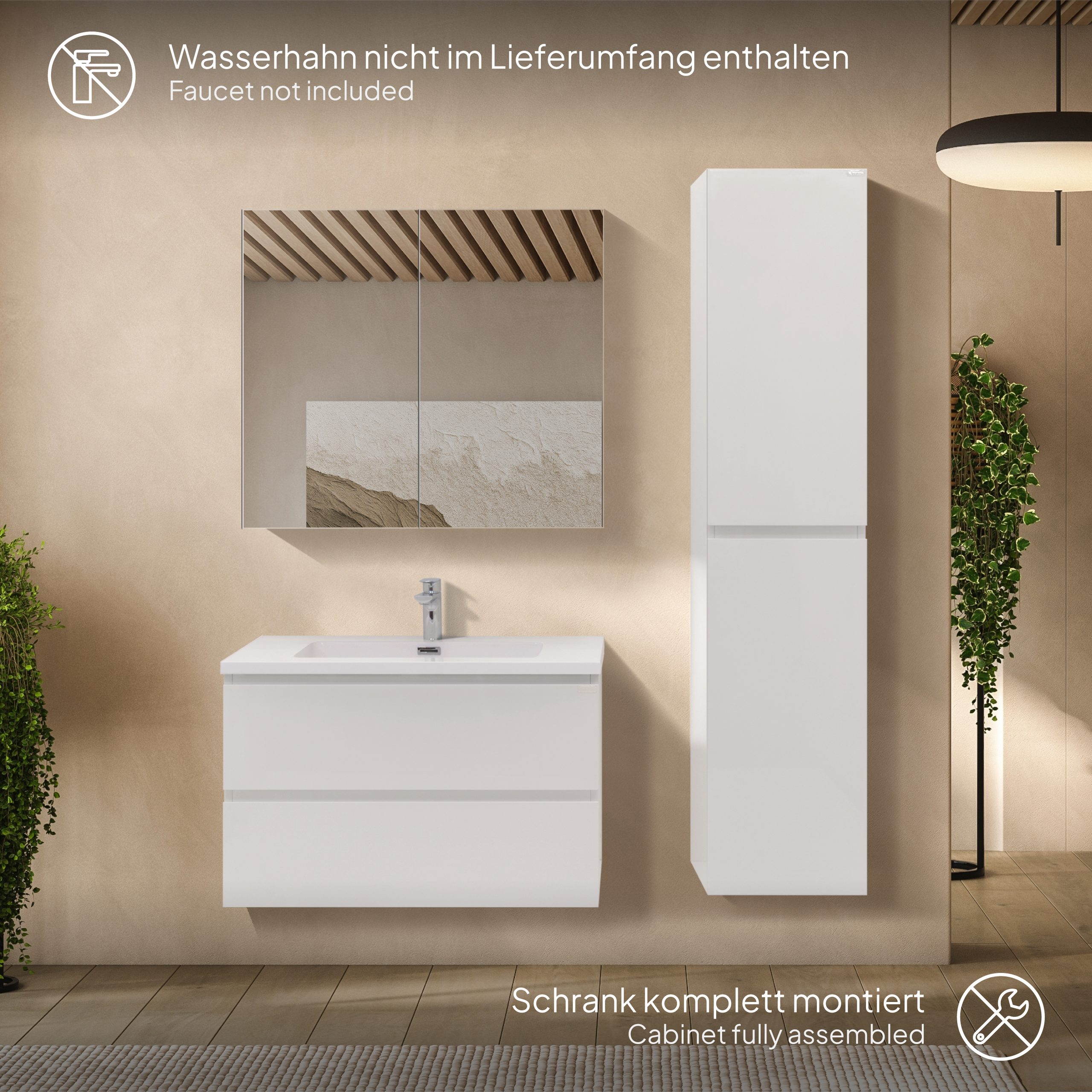Badmöbel-Set Atena [60/80/100 cm] mit Mineralharz-Waschbecken in Hochglanz Weiß, Unterschrank mit Spiegel und hängendem Hochschrank in Weiß zur Aufbewahrung