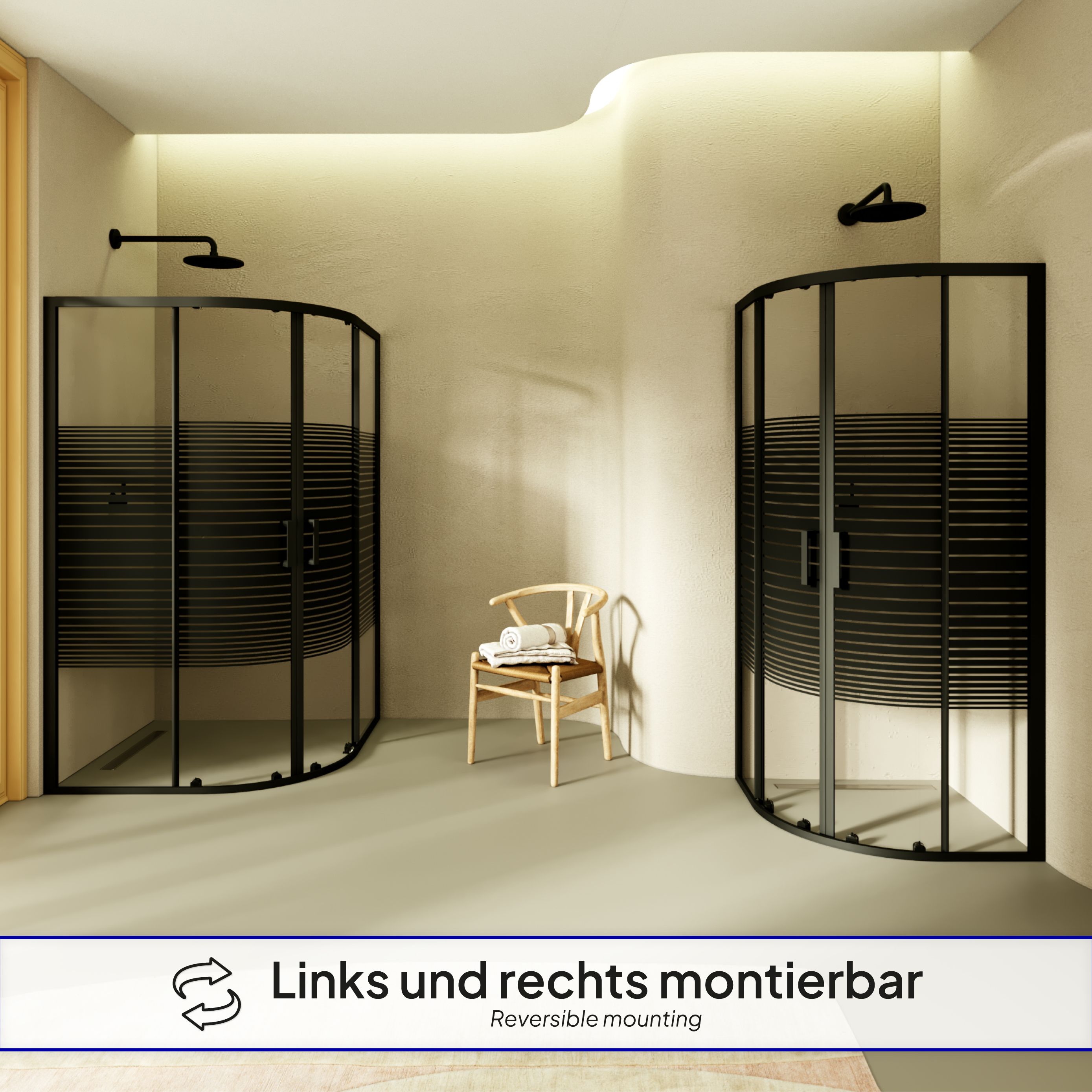Quarter Circle Shower Ella with Sliding Doors made of Striped ESG Glass and Black Aluminum Profiles