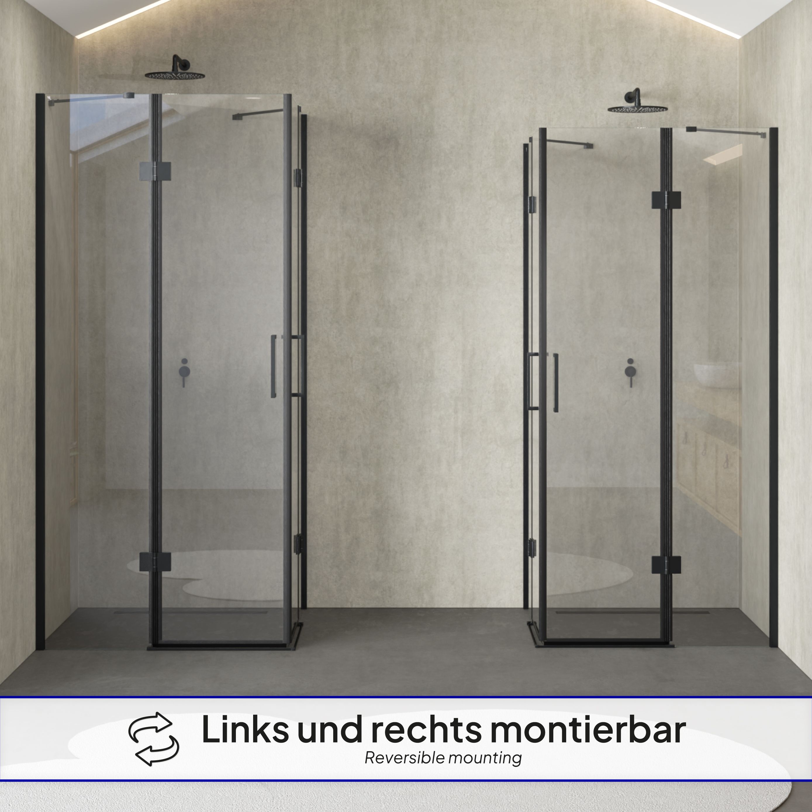 Corner entry Celine with folding doors and black profiles made of ESG safety glass.