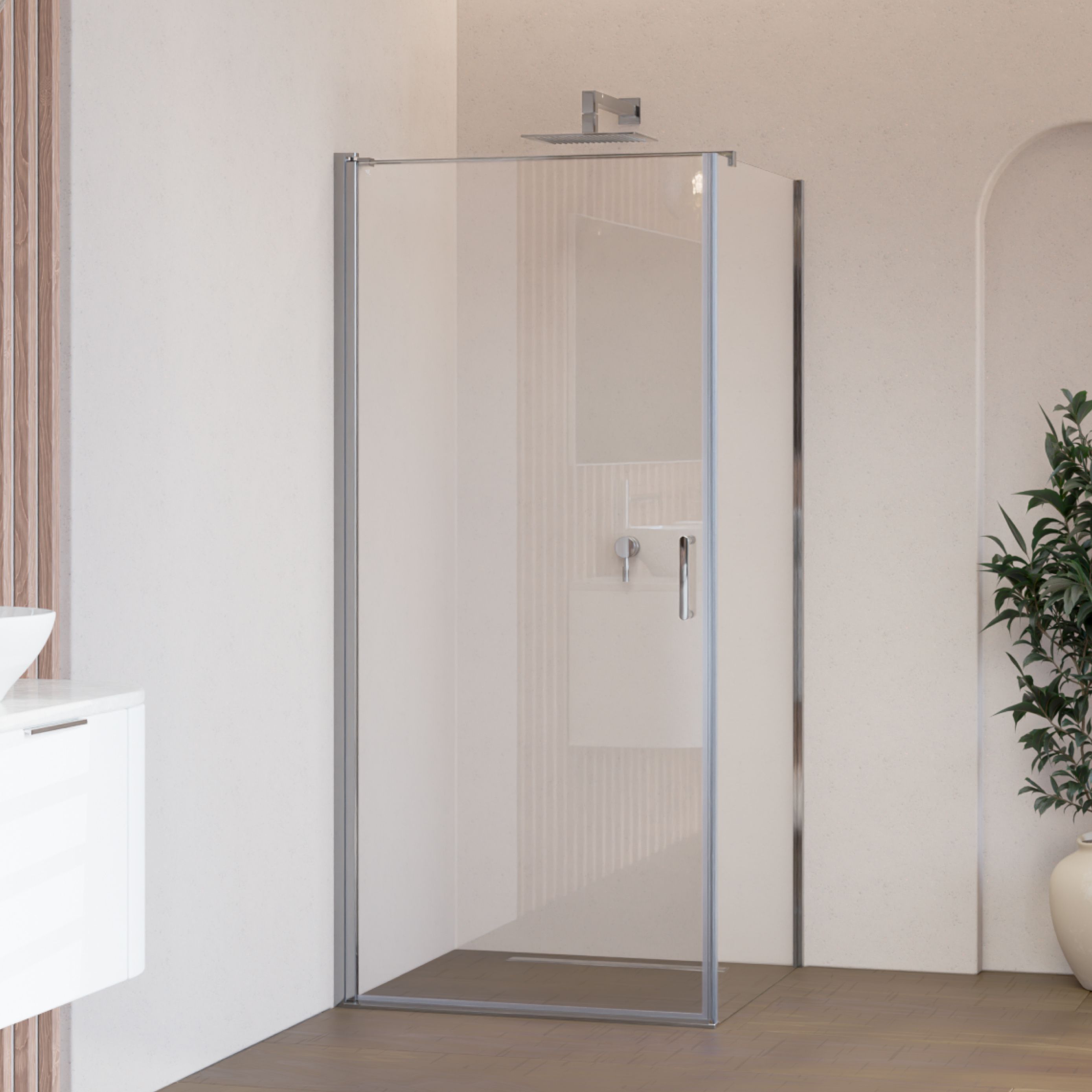 Front-entry Hellen with folding door made of ESG safety glass