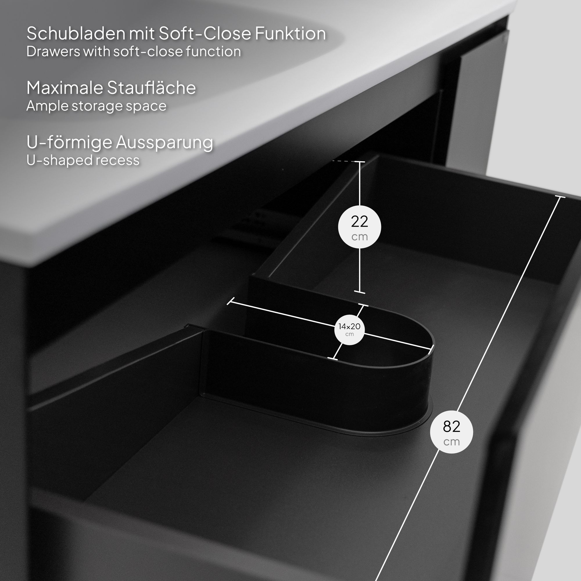 adezimmermöbel Dafne – 120 cm Schwarz Matt, Softclose & runder LED-Spiegel