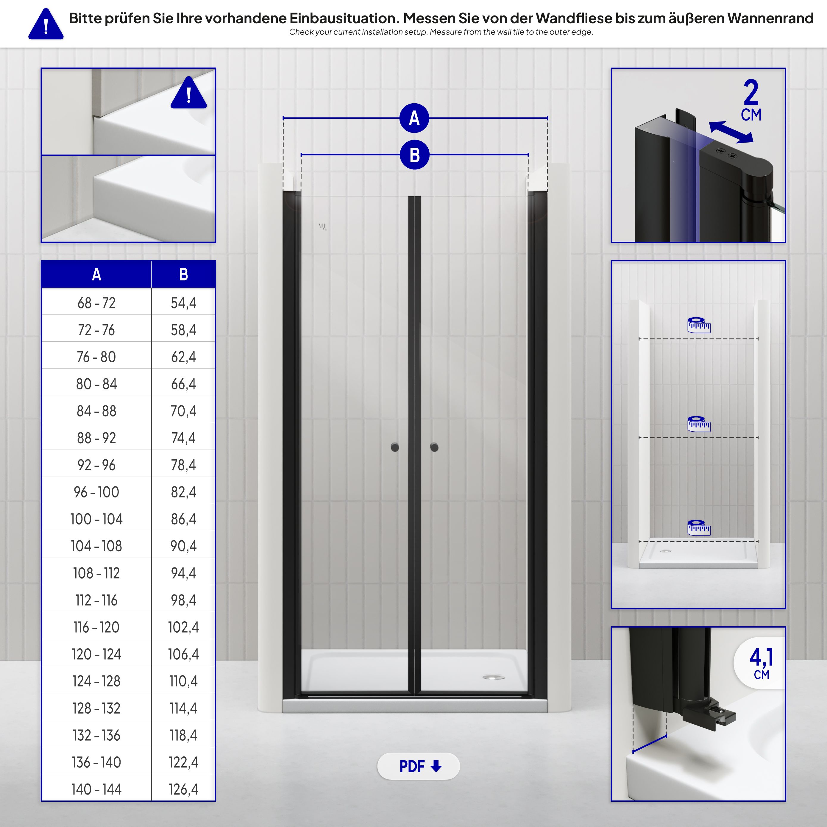 Shower Door Lima BLACK with Hinged Doors 68-140 cm made of ESG Safety Glass