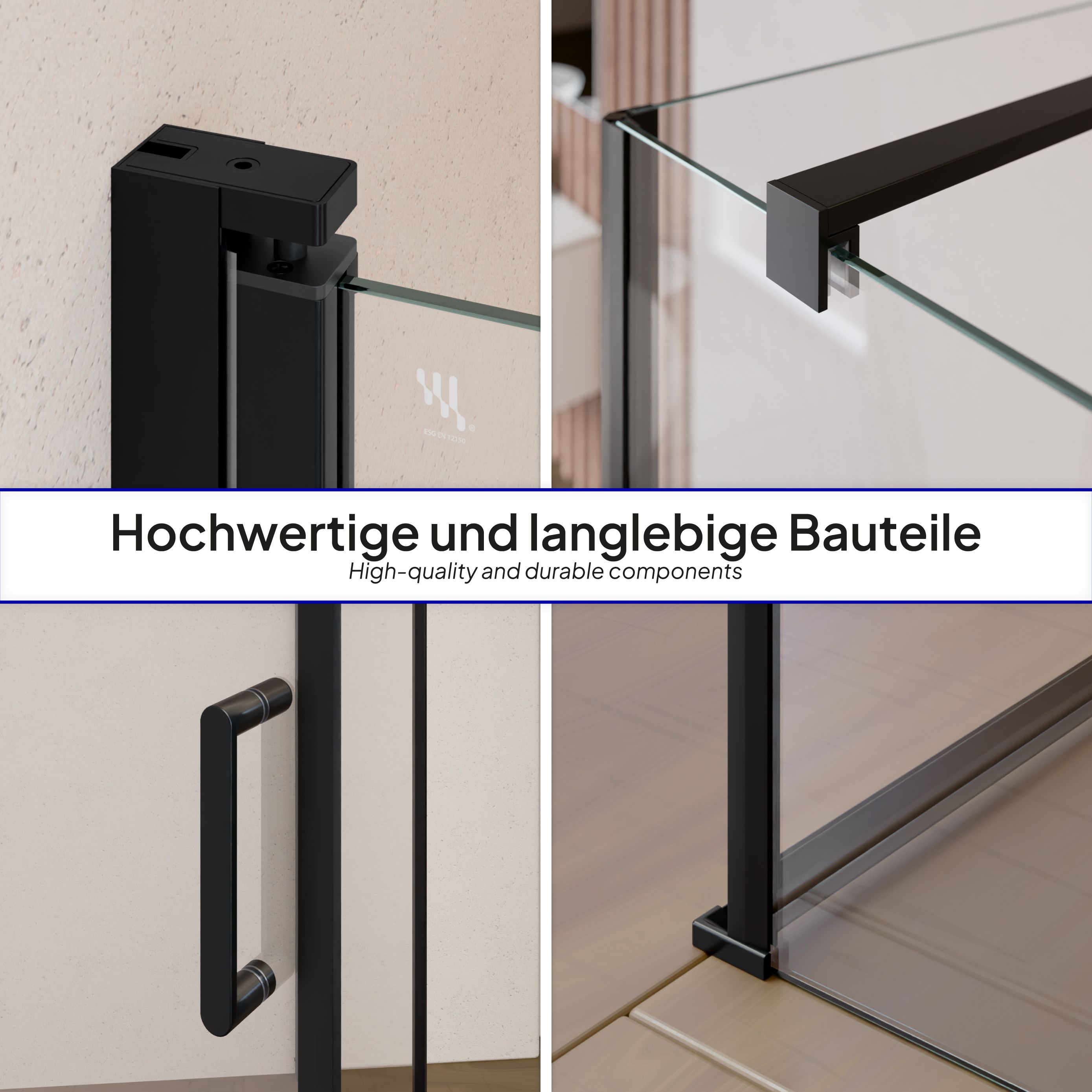 Front-entry Hellen with folding door and black profiles made of ESG safety glass.