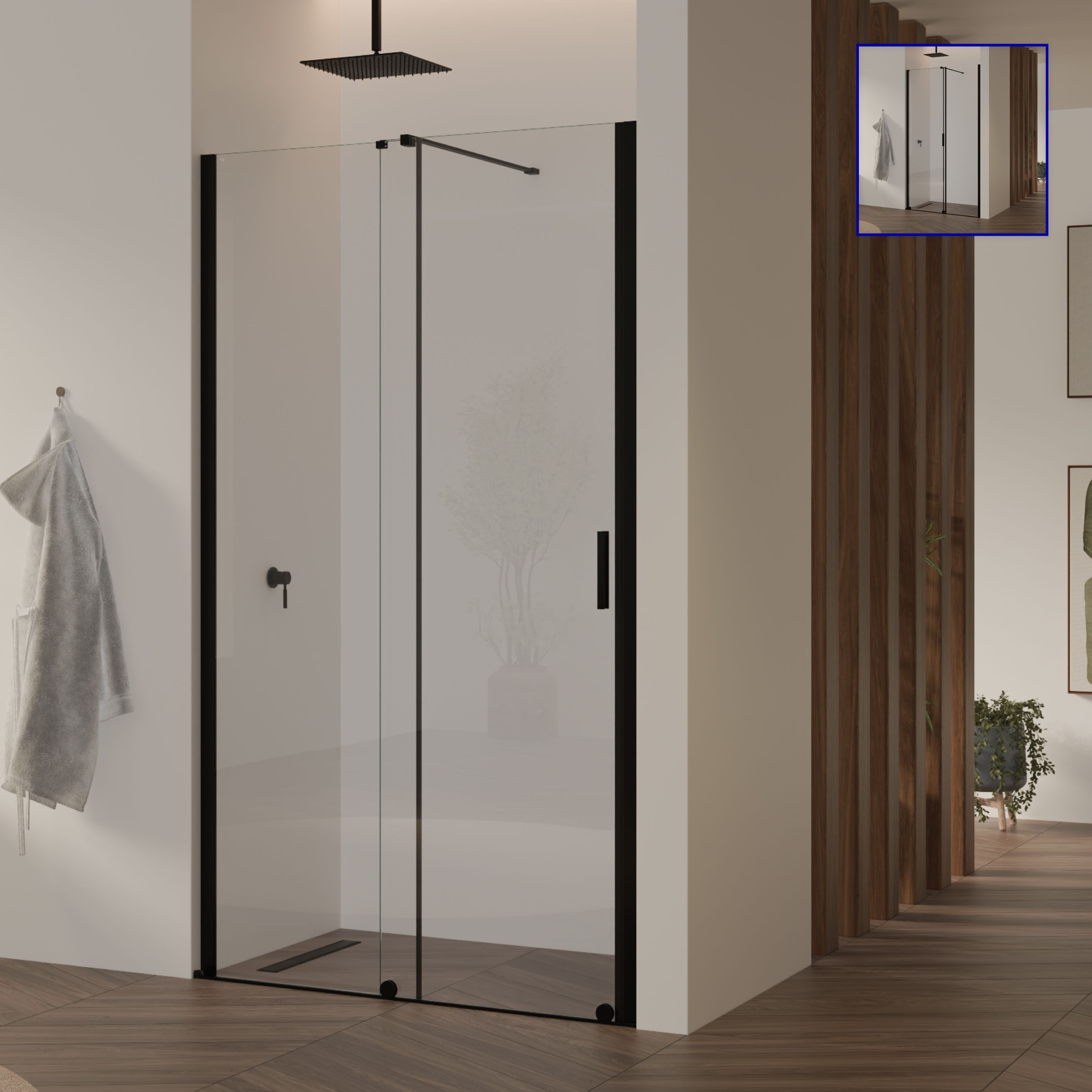Shower Door Niche Door NADINE with Sliding Door in Black made of 8mm Tempered Clear Glass