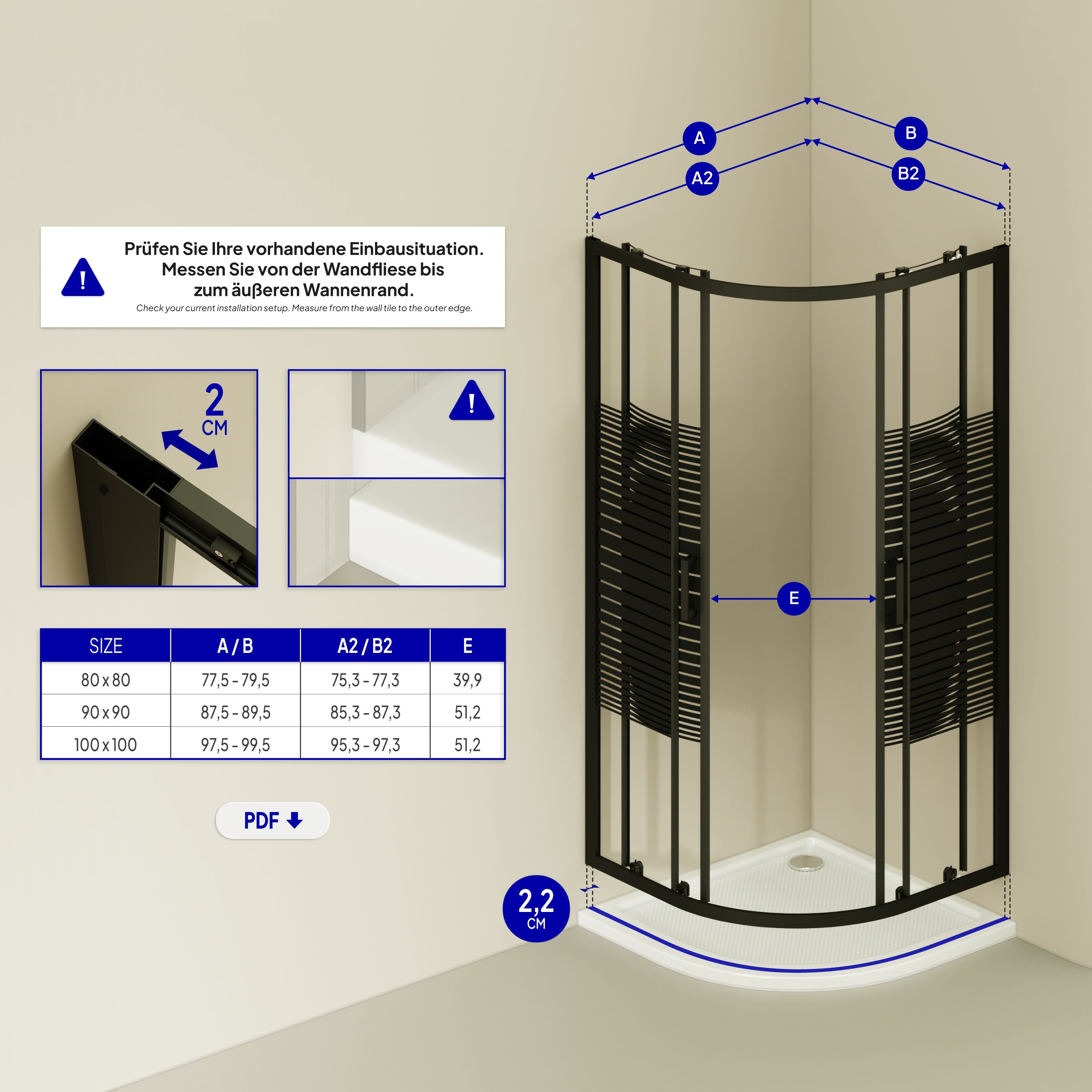 Quarter Circle Shower Ella with Sliding Doors made of Striped ESG Glass and Black Aluminum Profiles