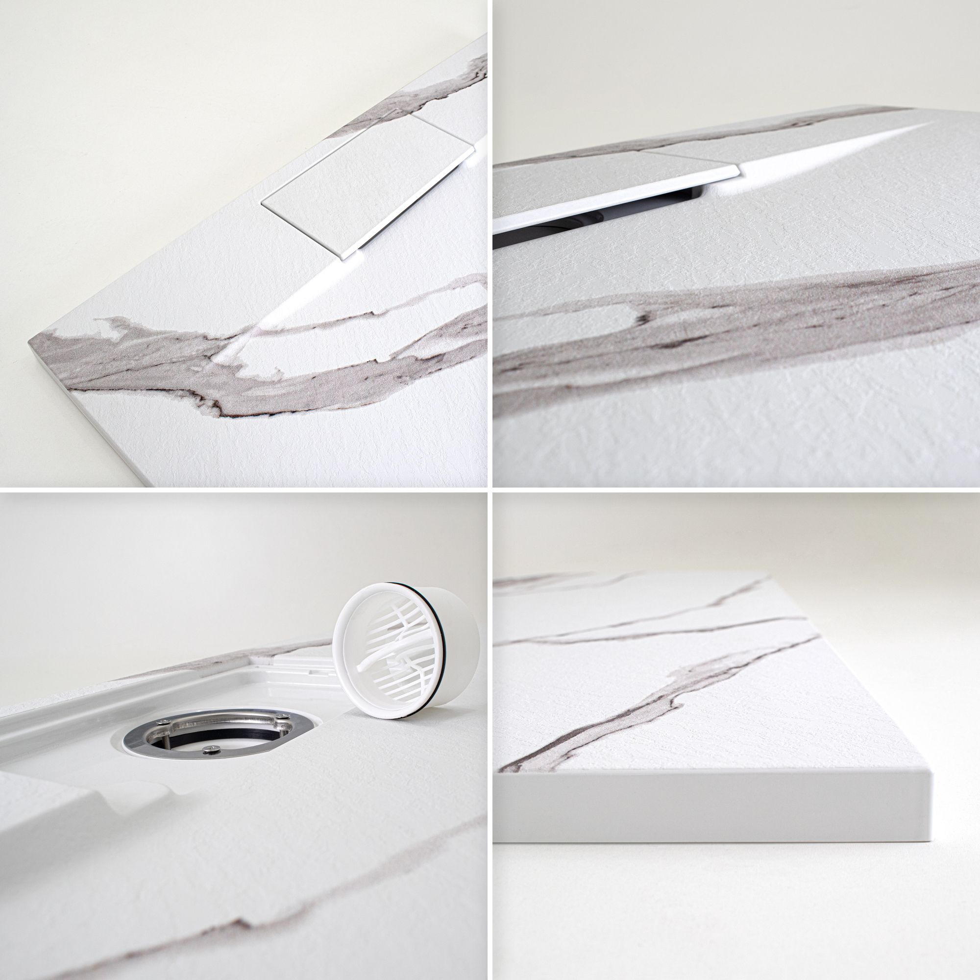 SMC Shower Tray Polar in Marble Look with Drain Assembly - White