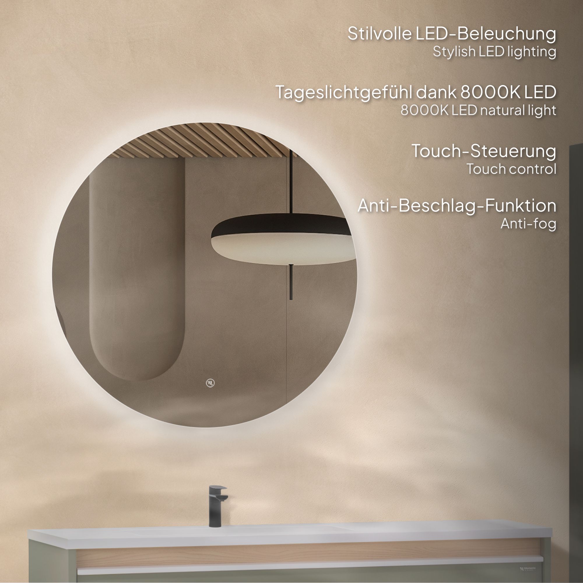 Badezimmermöbel Nereia – 100 cm Unterschrank Eiche hell + LED-Rundspiegel