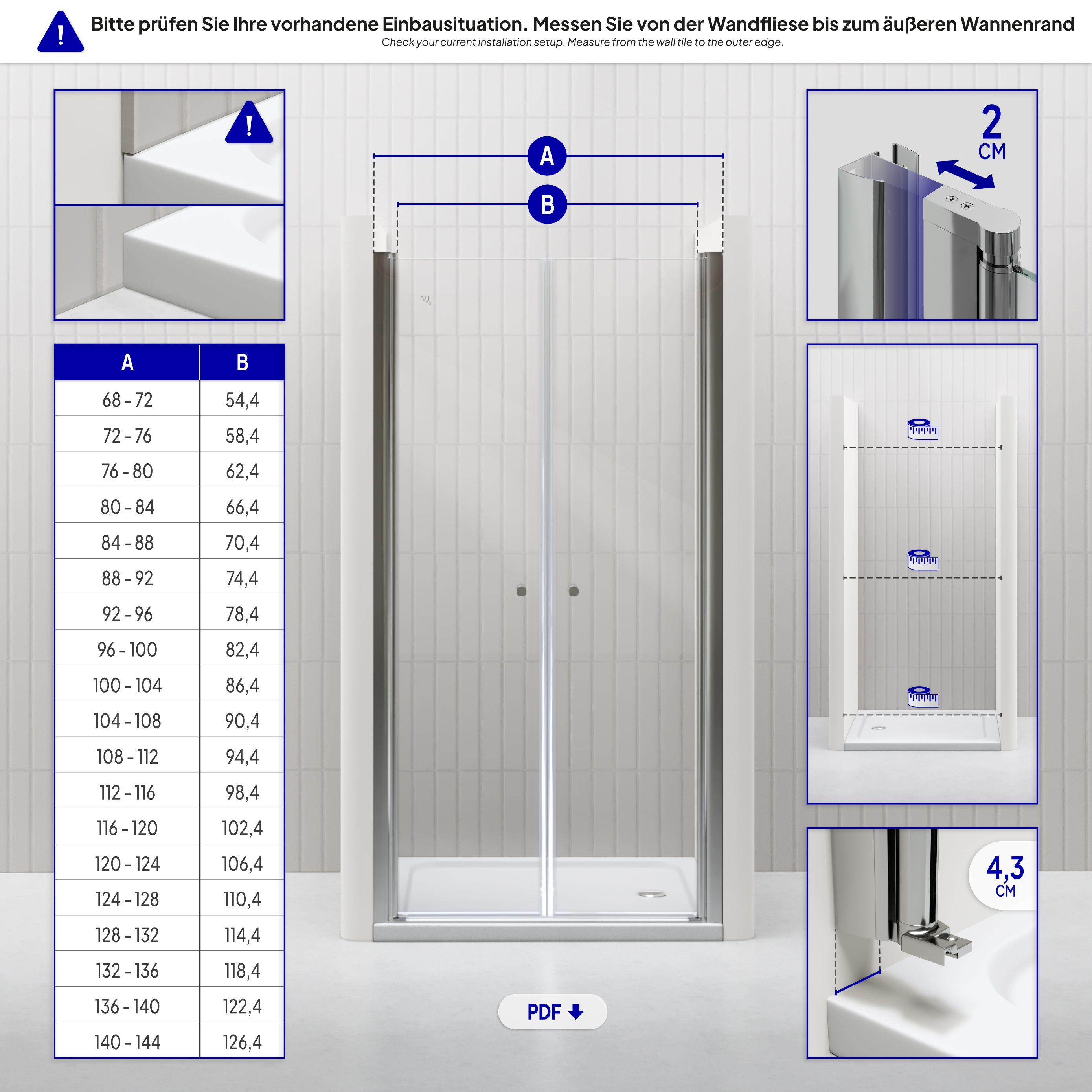 Shower Door Lima with Hinged Doors 68-140 cm made of ESG Safety Glass
