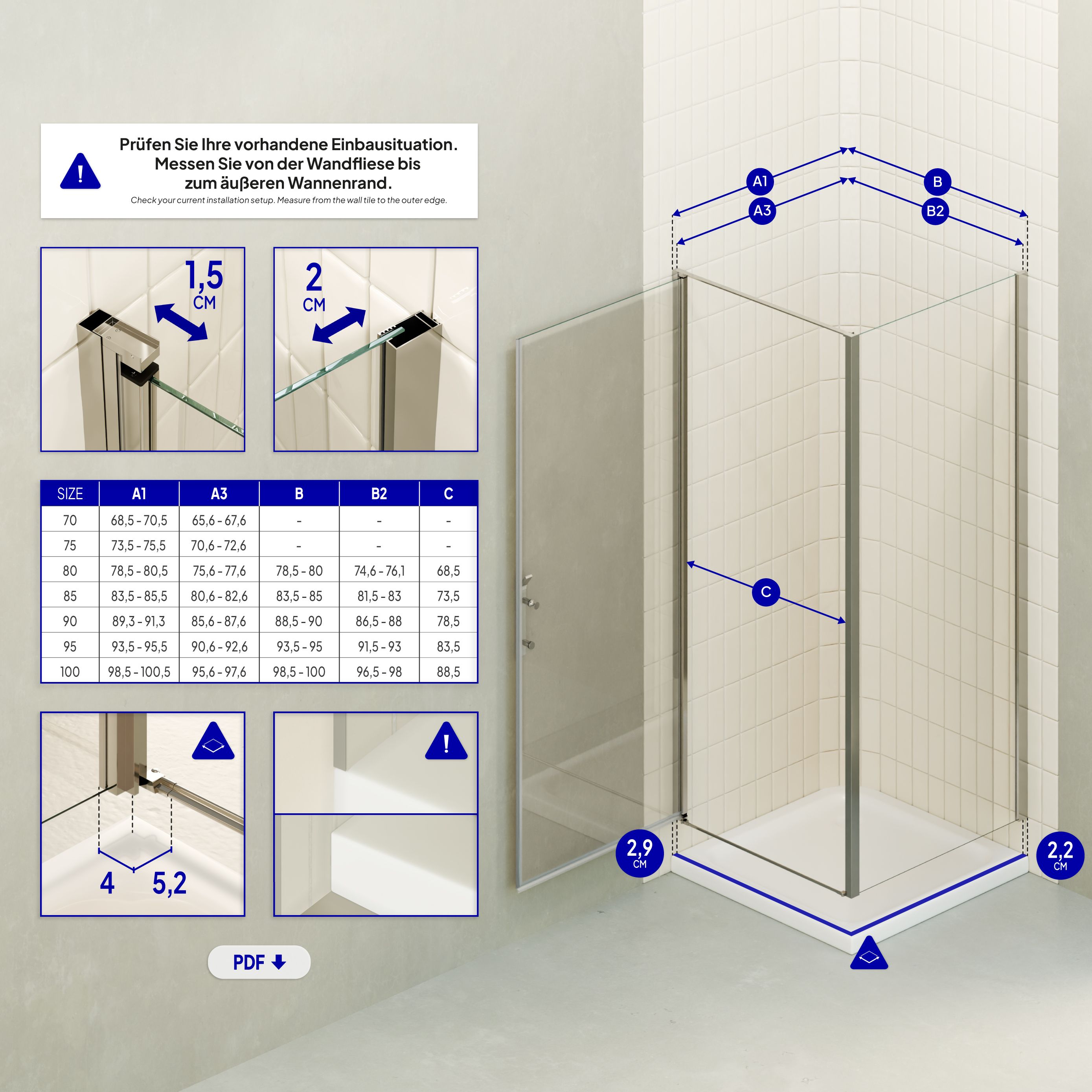 Front-entry Nicole with folding door made of 8 mm tempered safety glass.