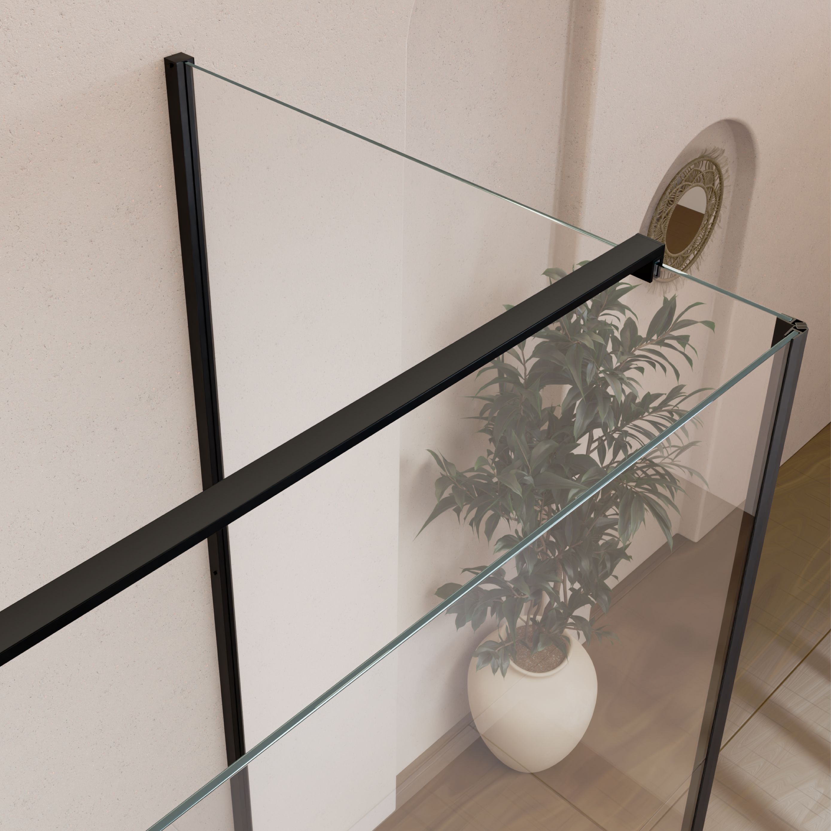 Front-entry Hellen with folding door and black profiles made of ESG safety glass.