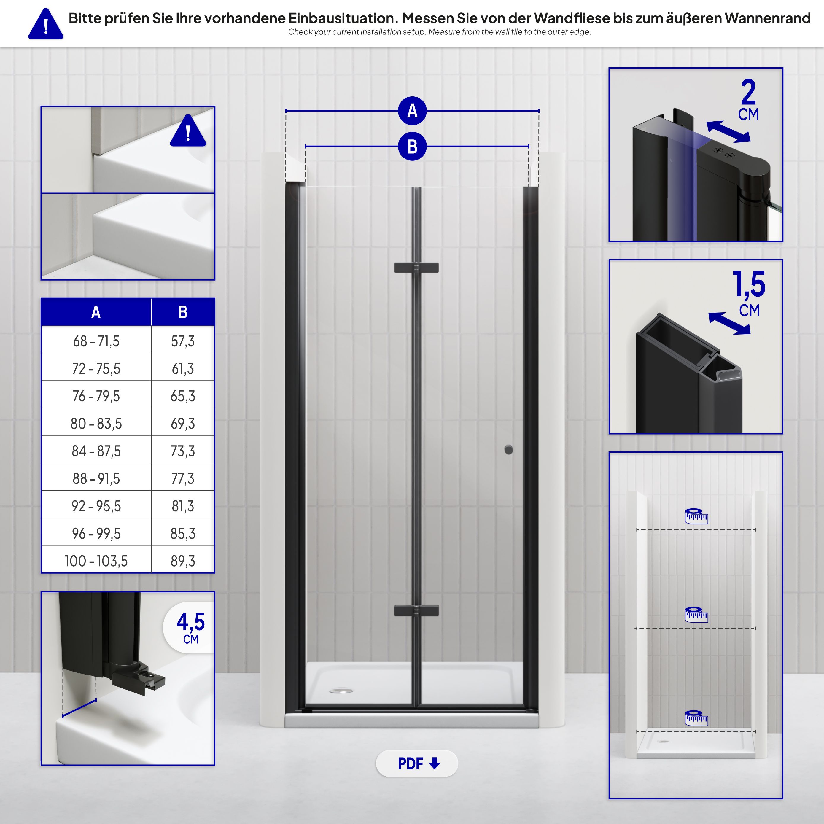Shower Door Mila with Folding Door made of Clear ESG Safety Glass BLACK EDITION