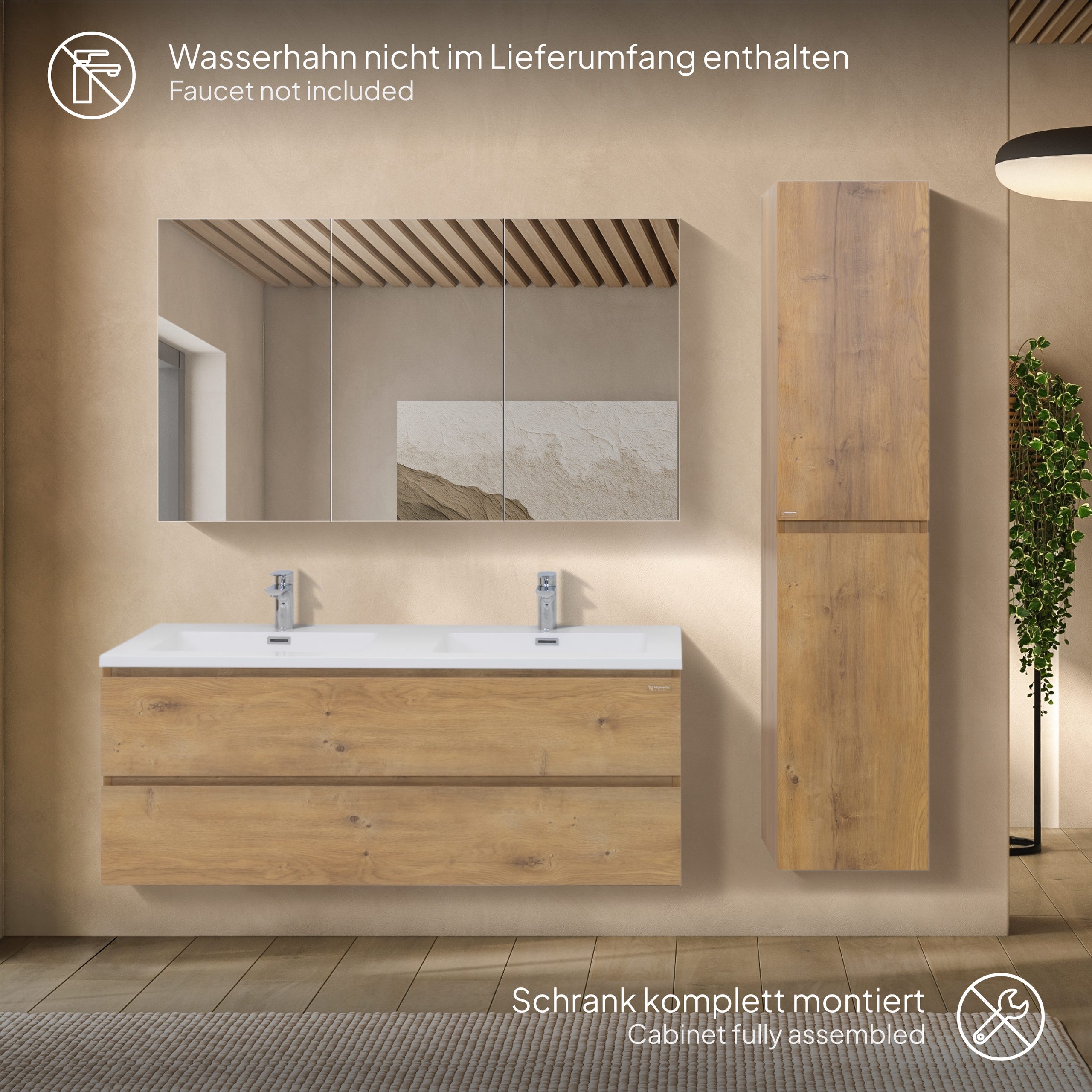Badmöbel-Set Atena [120 cm] mit Mineralharz-Waschbecken in Hochglanz Weiß, Unterschrank mit Spiegel und hängendem Hochschrank in Eiche