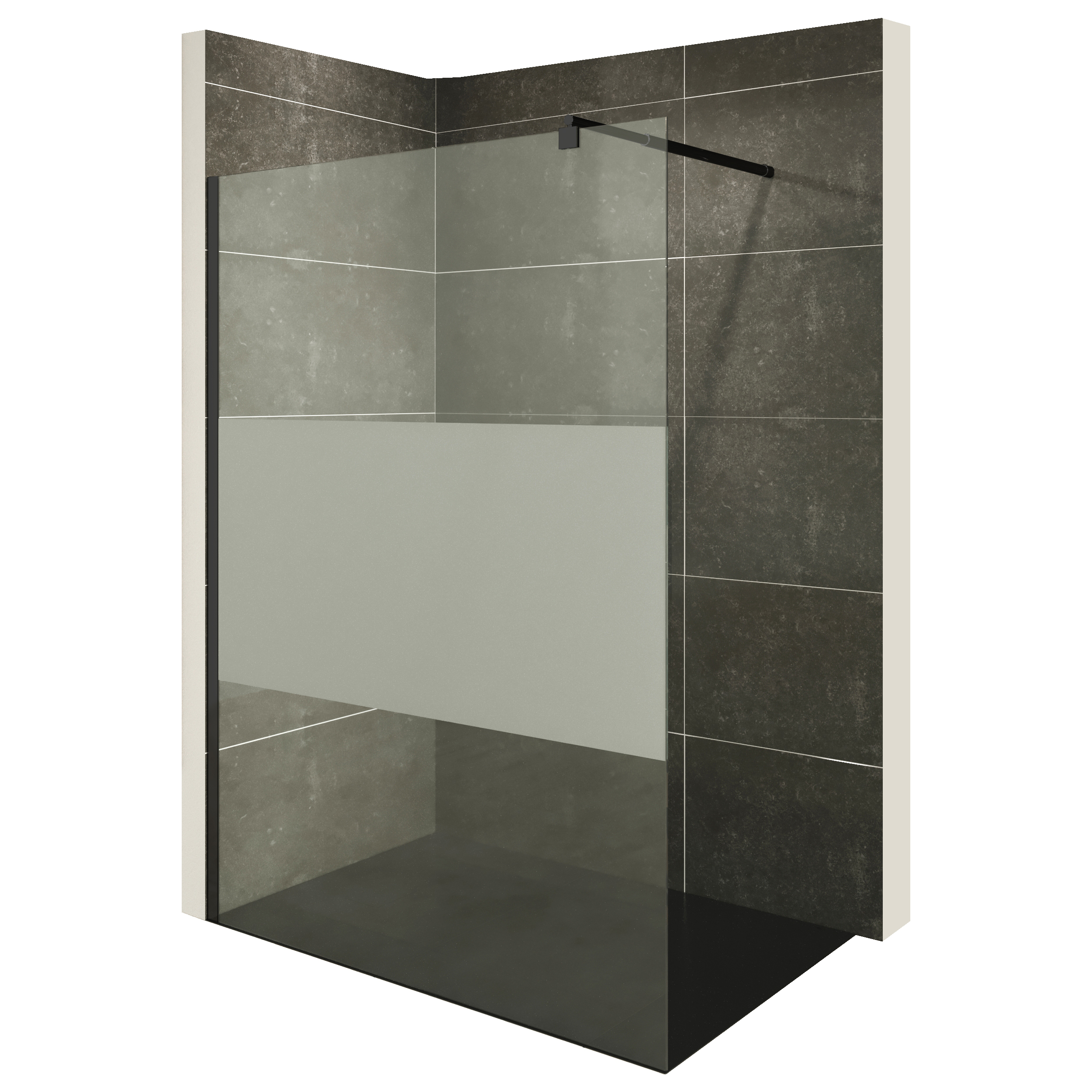 Walk-In Shower Fiona made of 10 mm thick partially frosted ESG safety glass and black aluminum profile.