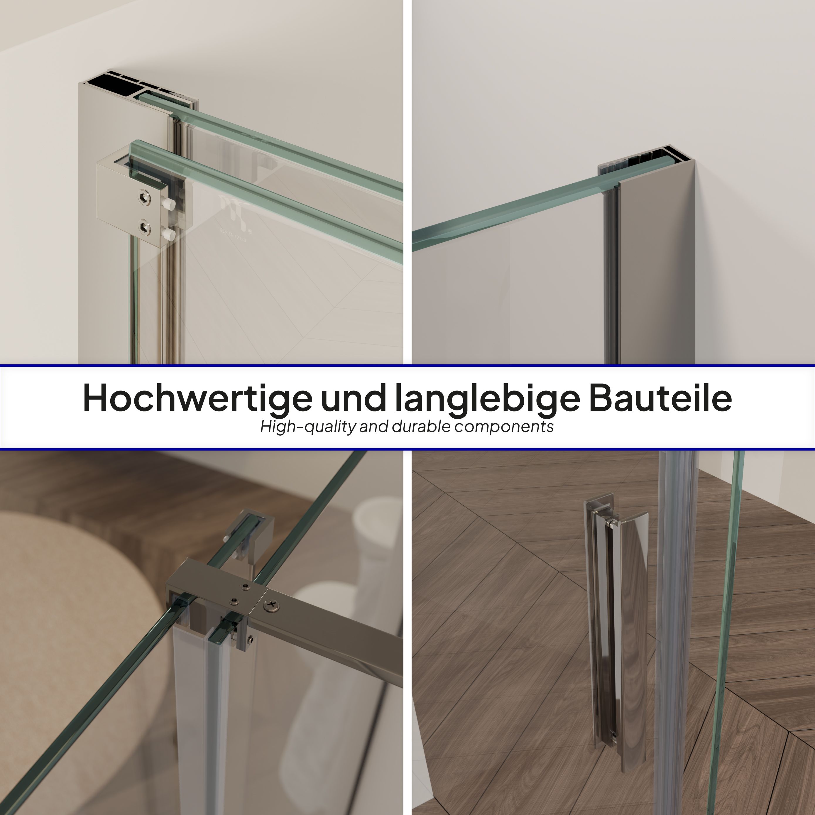 Front-entry NADINE with sliding door in chrome made of 8mm tempered clear glass.